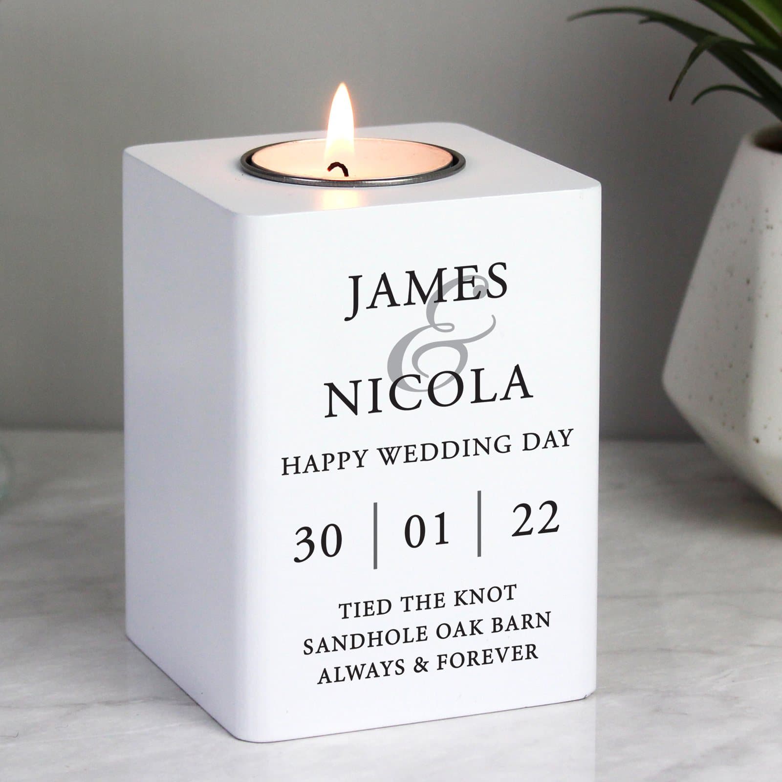 Personalised white wooden tea light holder for couples