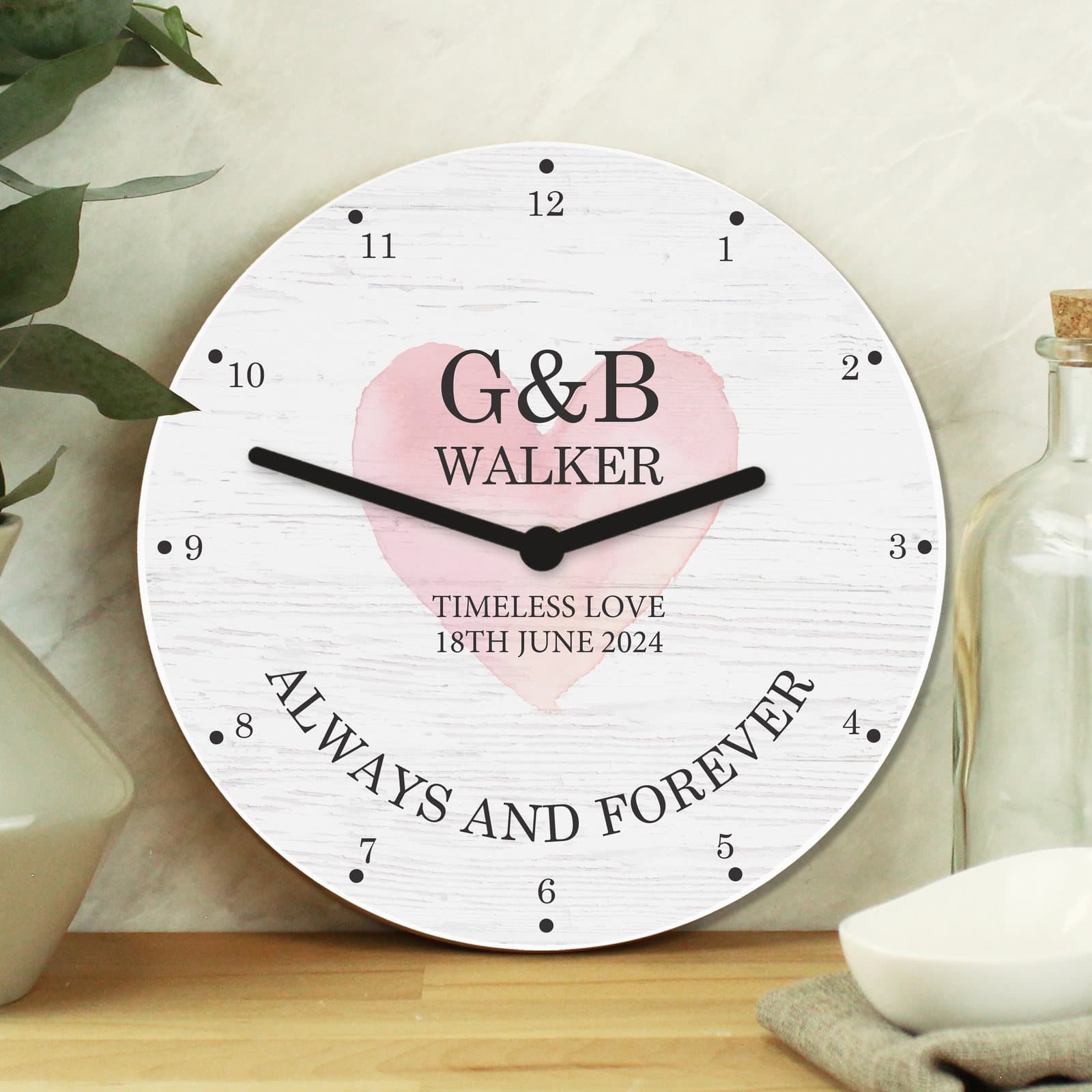 Personalised couples wooden clock on white wood board