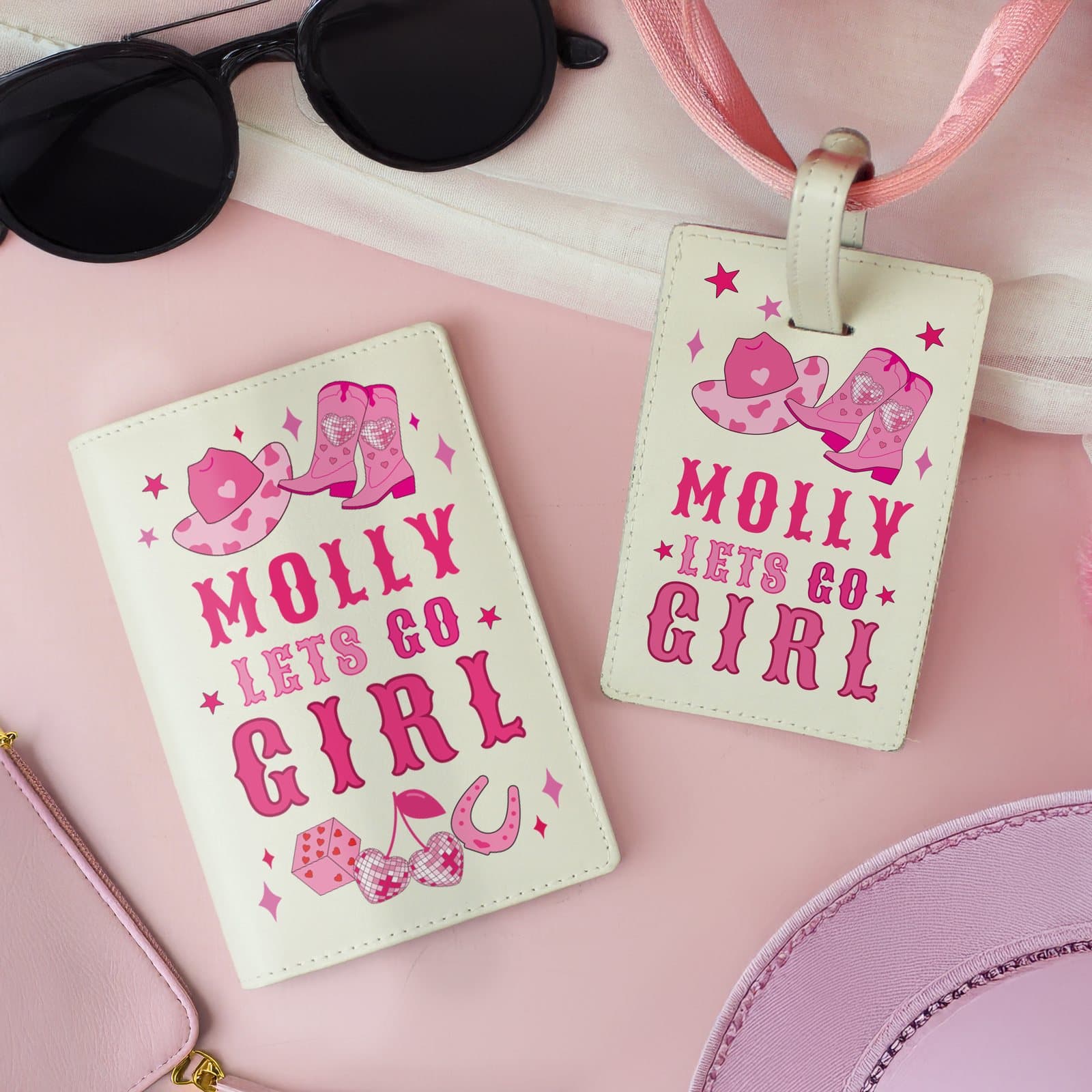 Leather cowgirl luggage tag and passport holder set