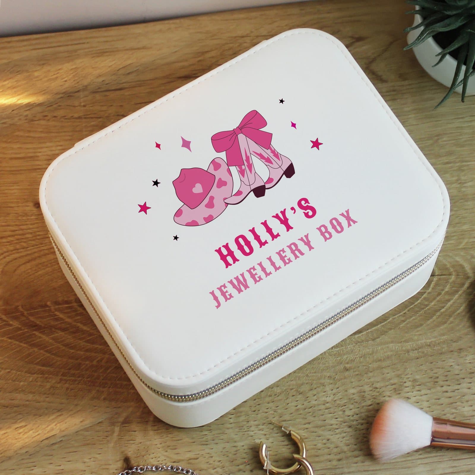 Western-inspired faux leather jewellery box with personalised text