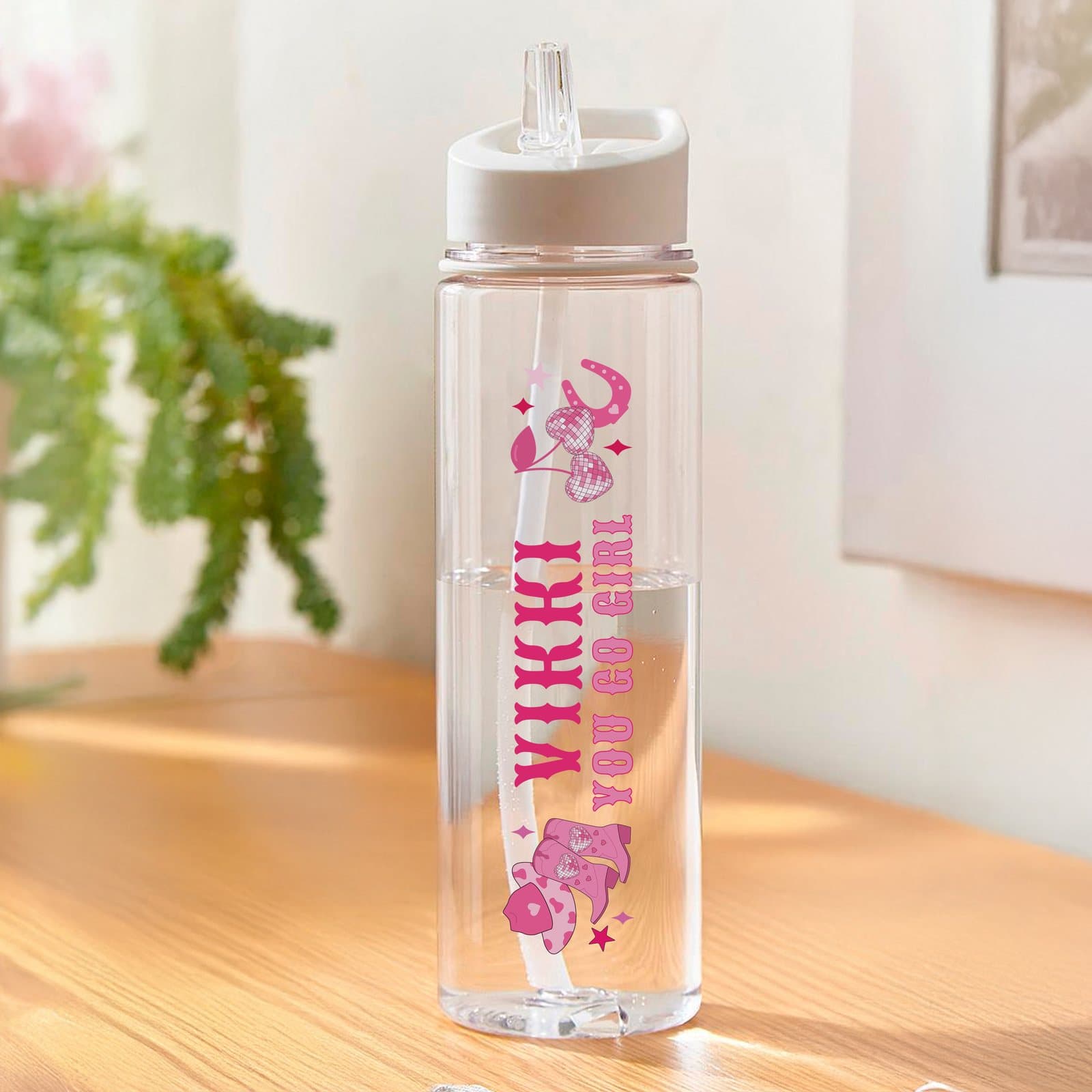 Personalised pink cowgirl water bottle with white lid