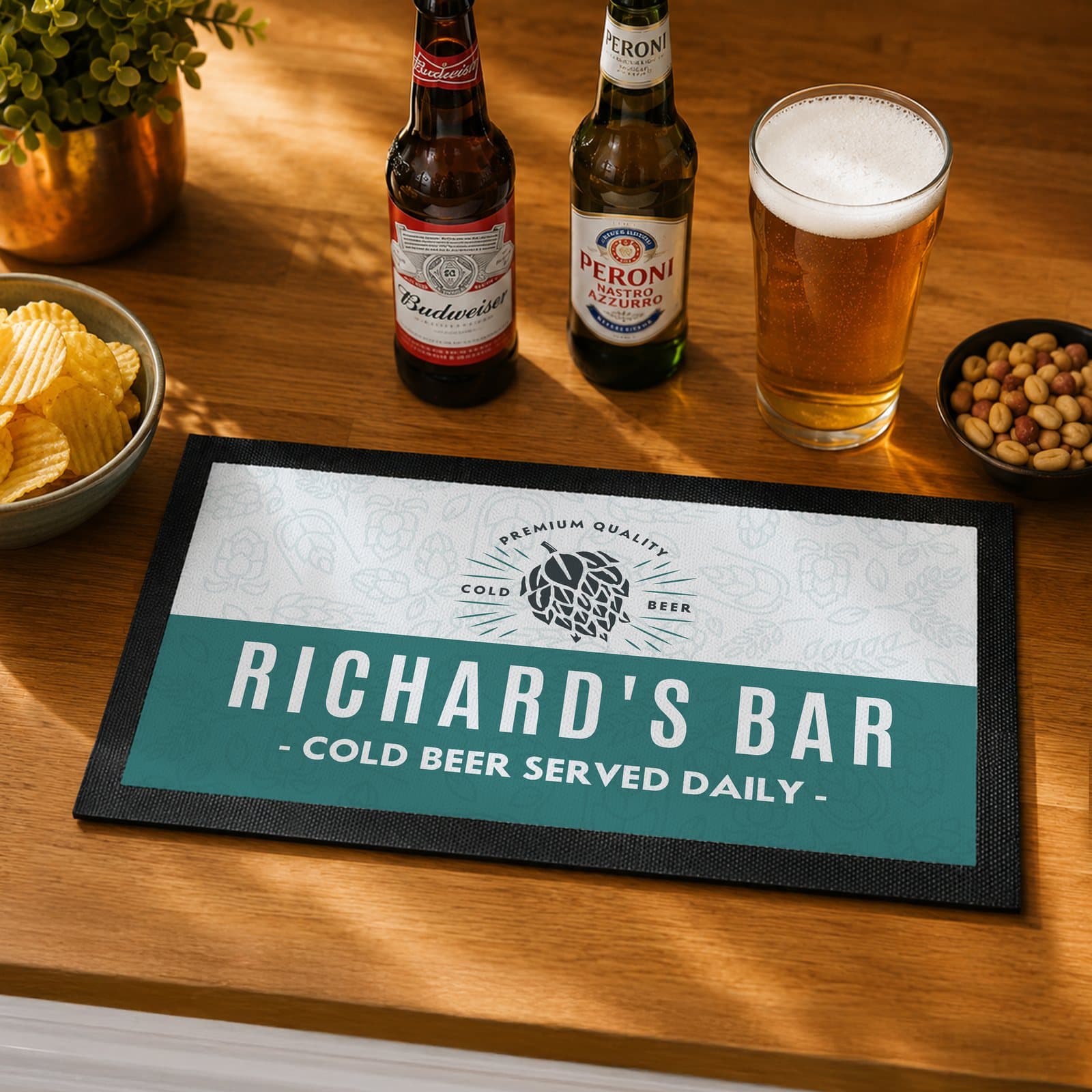 Craft beer bar mat with two lines of personalised text