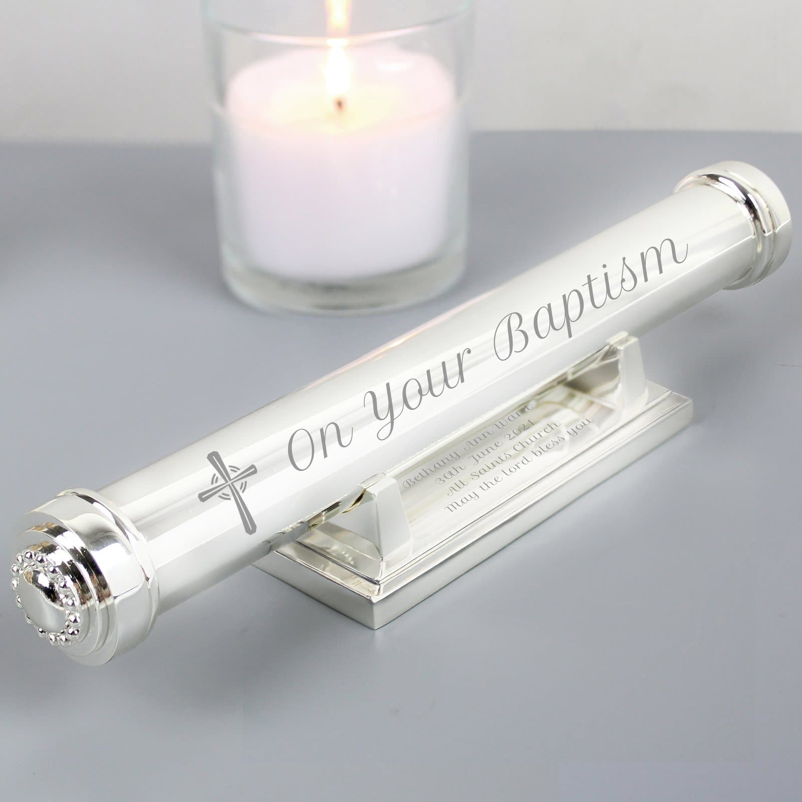 Silver plated cross certificate holder with personalised stand