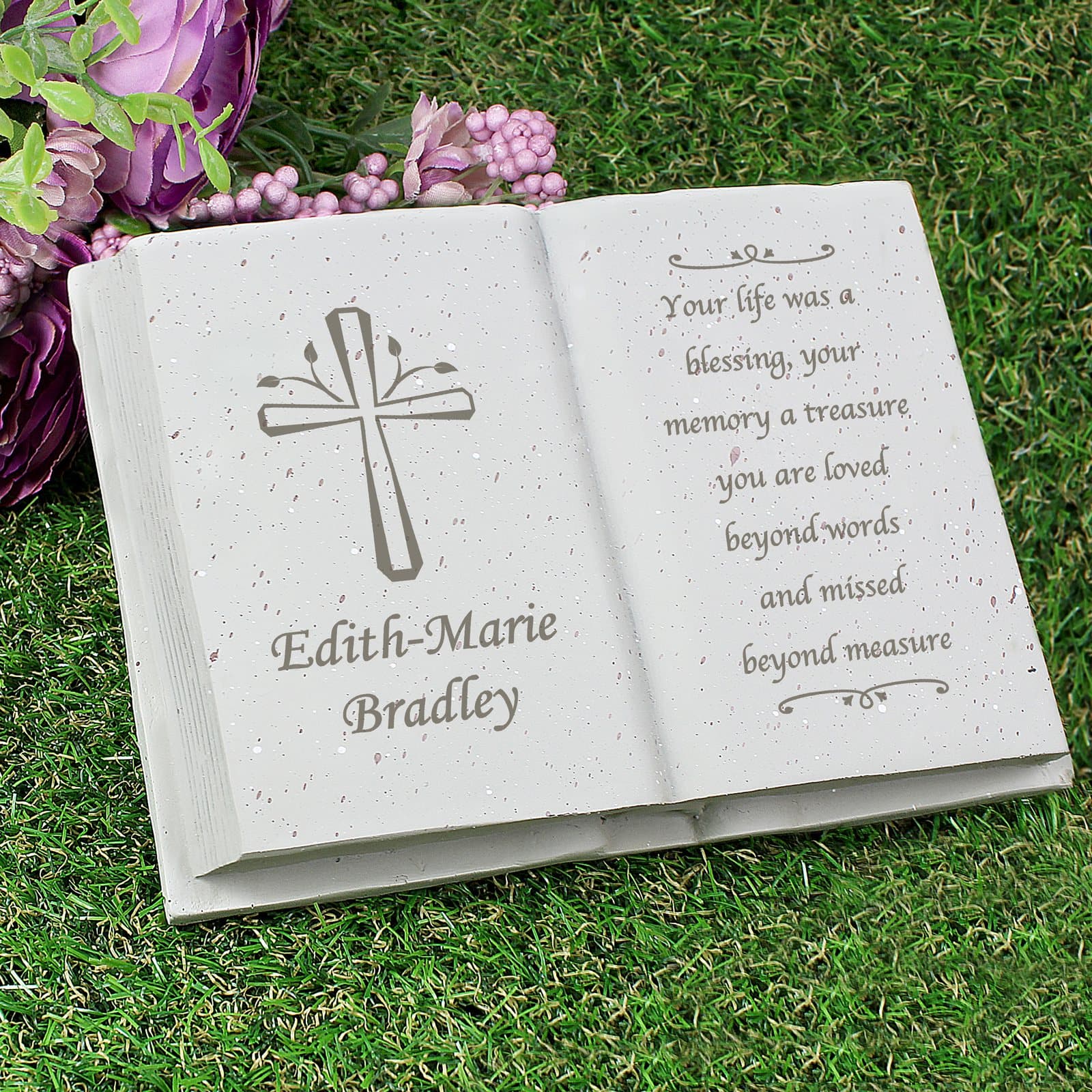 Resin memorial book with a classic cross design and personalised lines