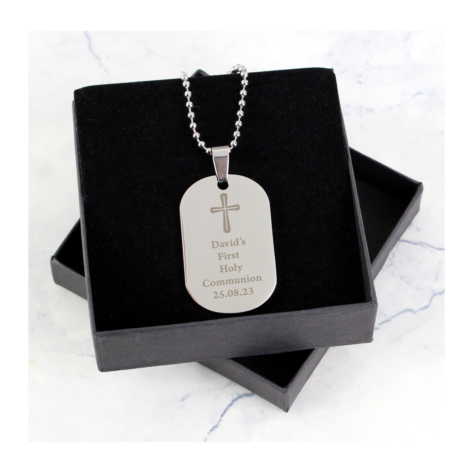 Stainless steel cross dog tag necklace on a chain