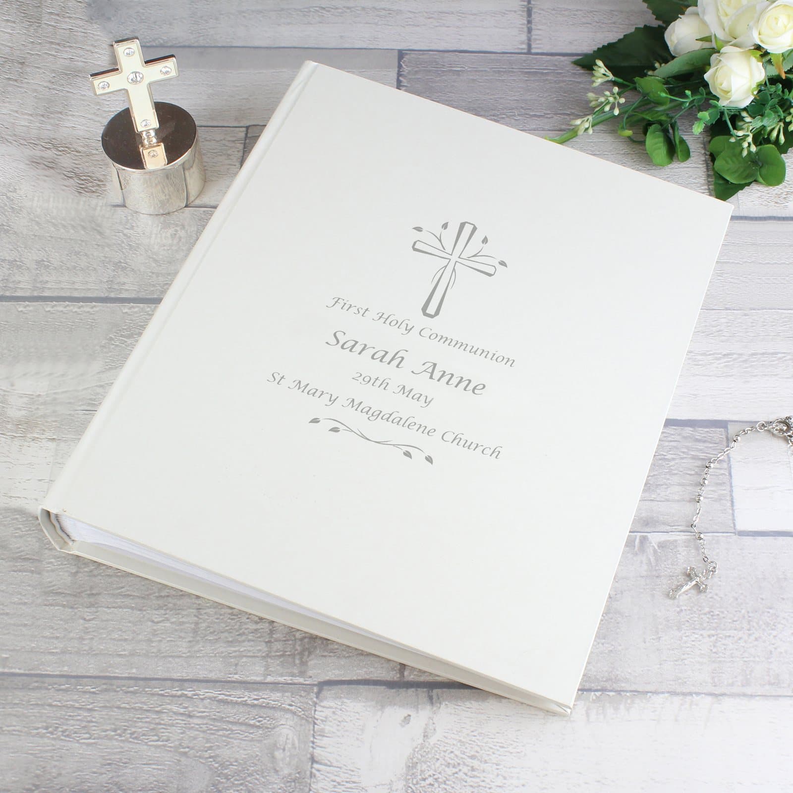 Traditional cross photo album in silver or gold with personalised message