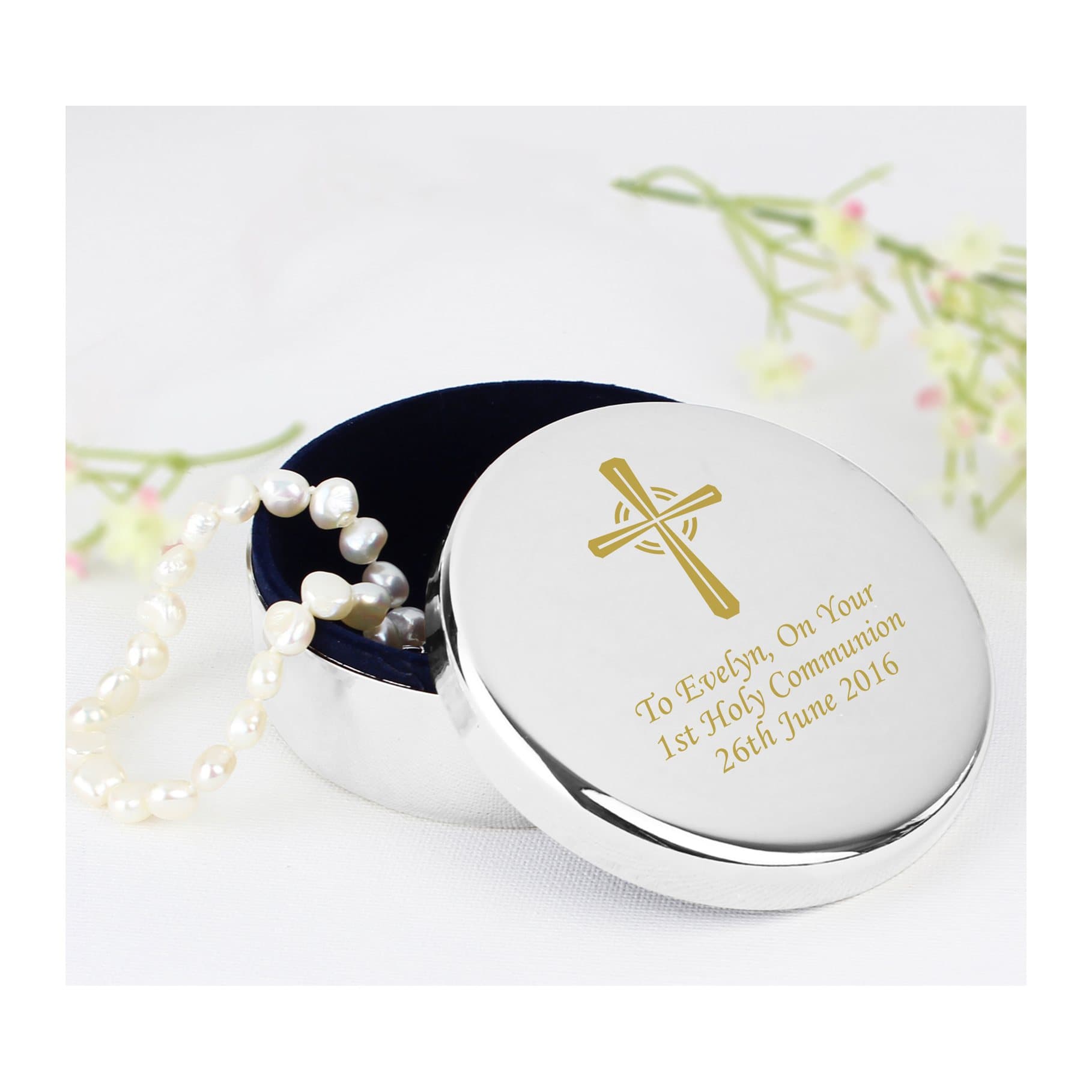 Cross trinket box in gold or silver with a blue flock fabric lining
