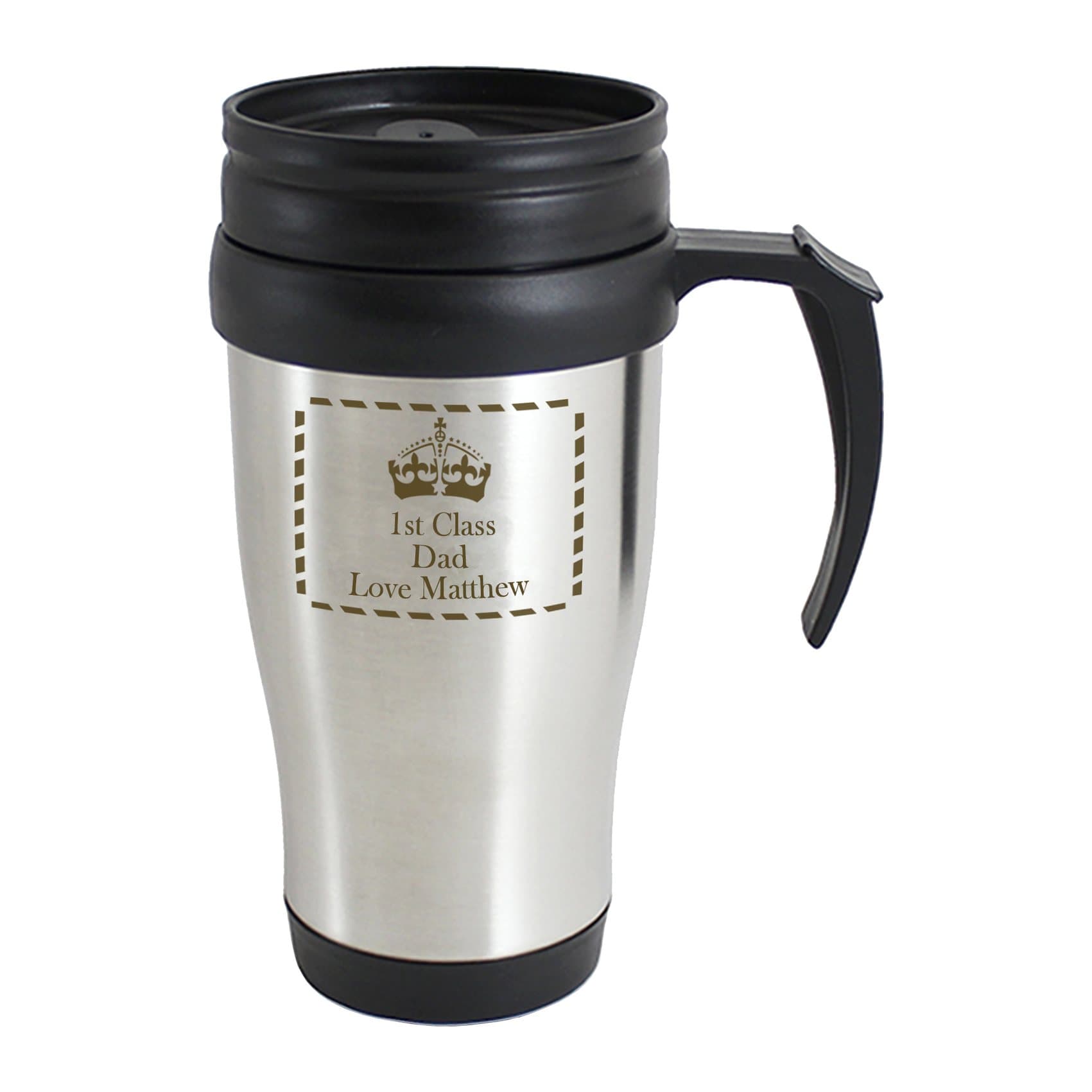 Stainless steel travel mug with a crown design