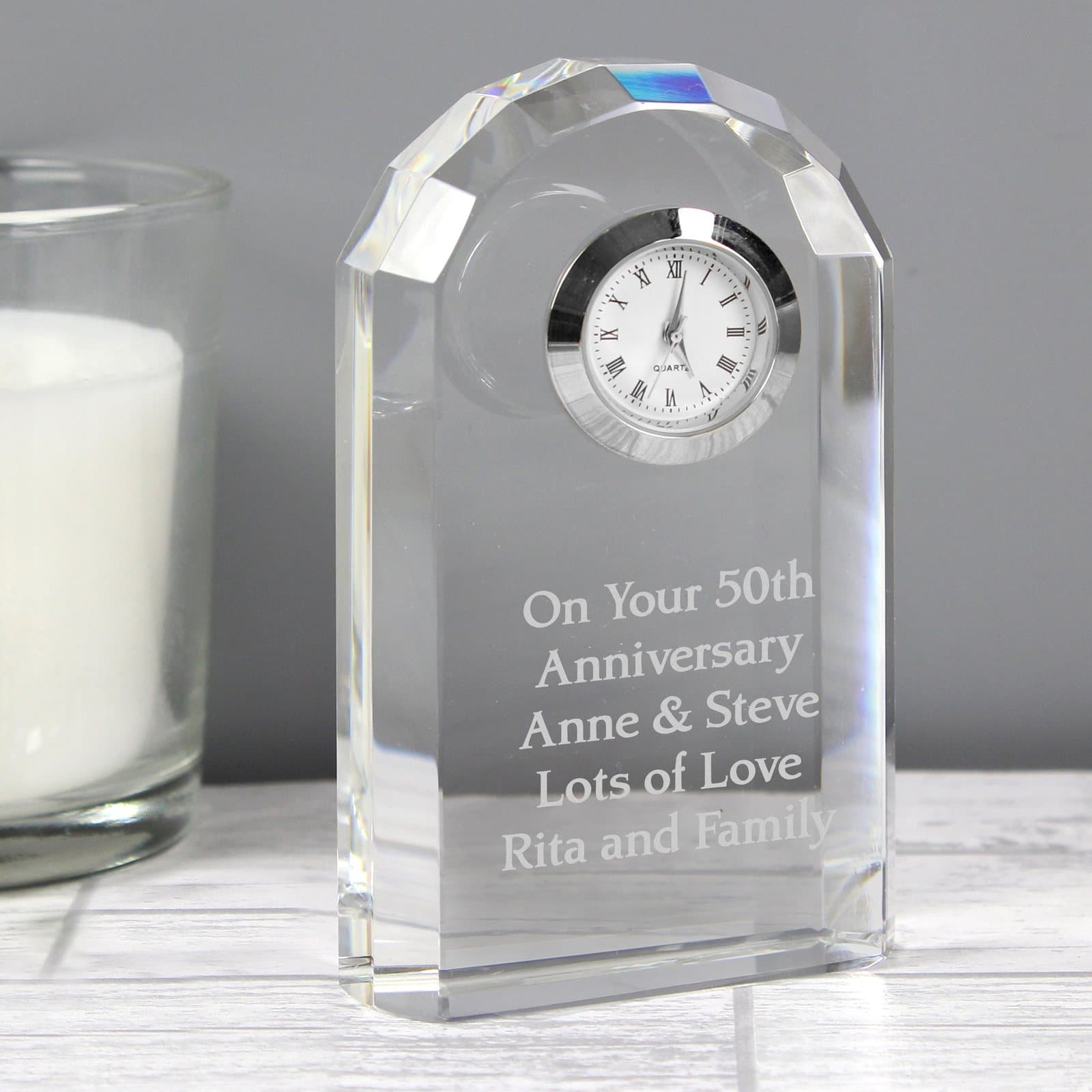 Personalised crystal clock engraved with a message
