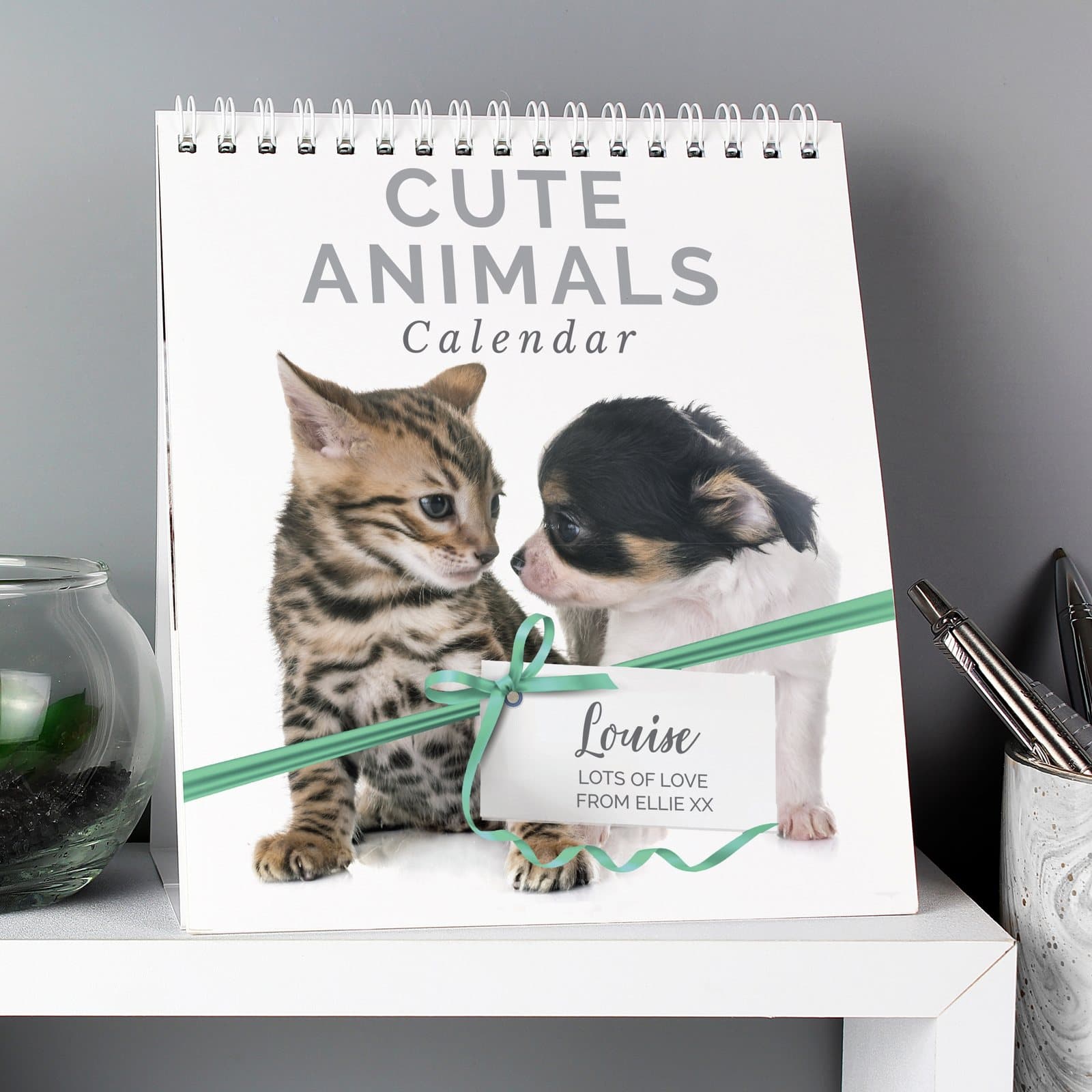 Personalised cute animals desk calendar with a name on the front cover