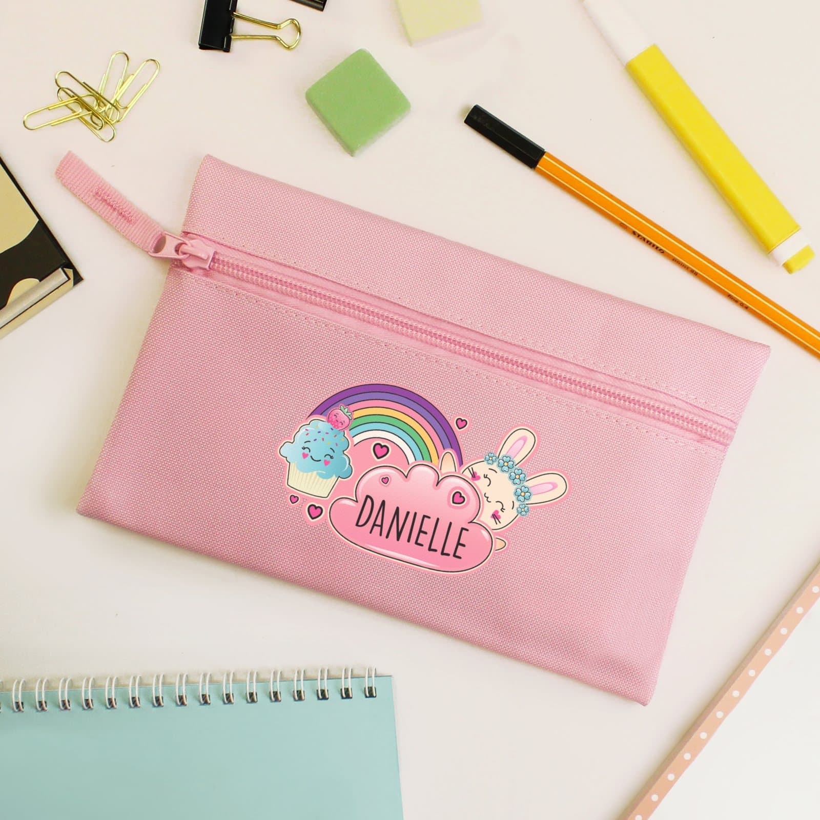 Pink personalised bunny pencil case with a name