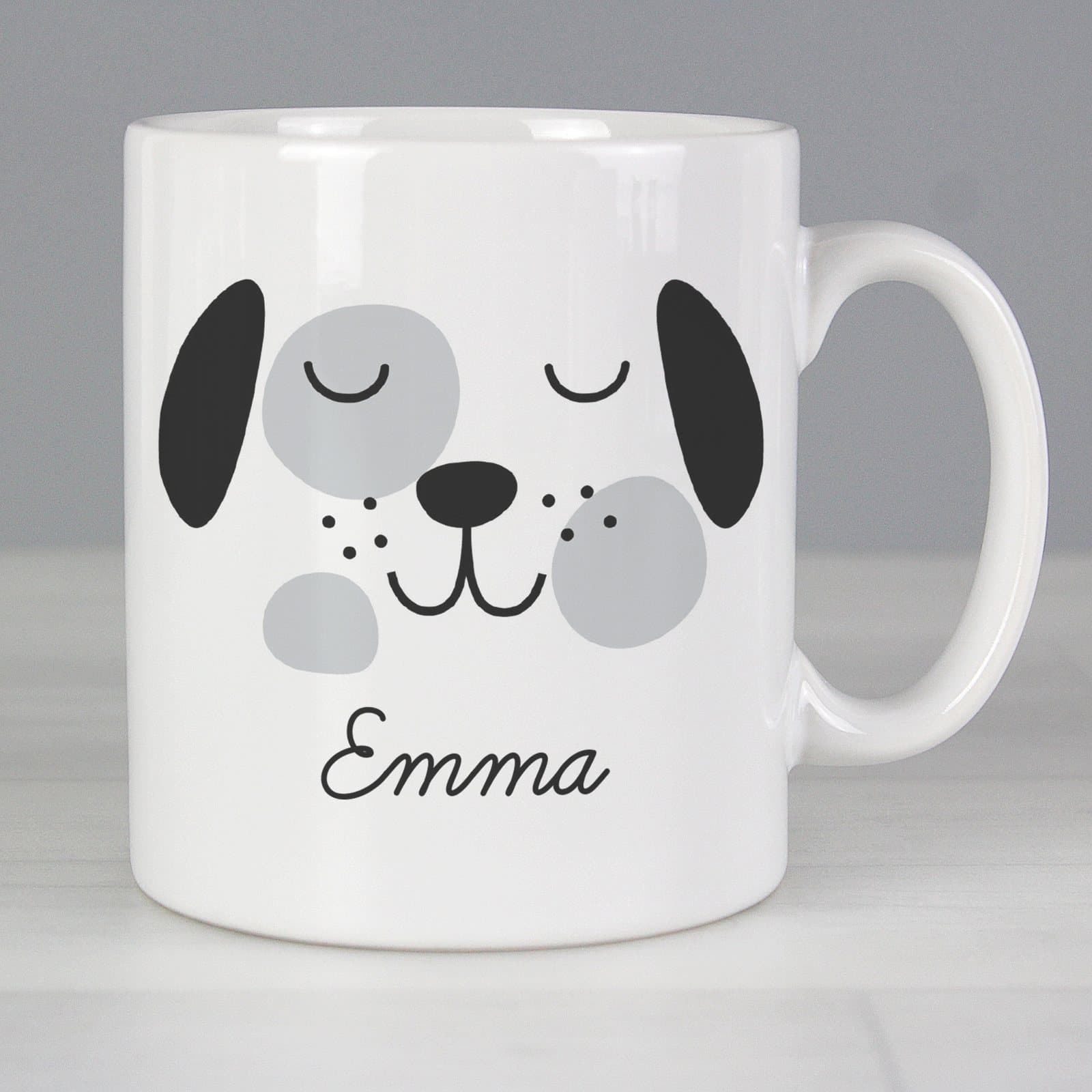 Ceramic mug with a cute dog face design, a name and a message