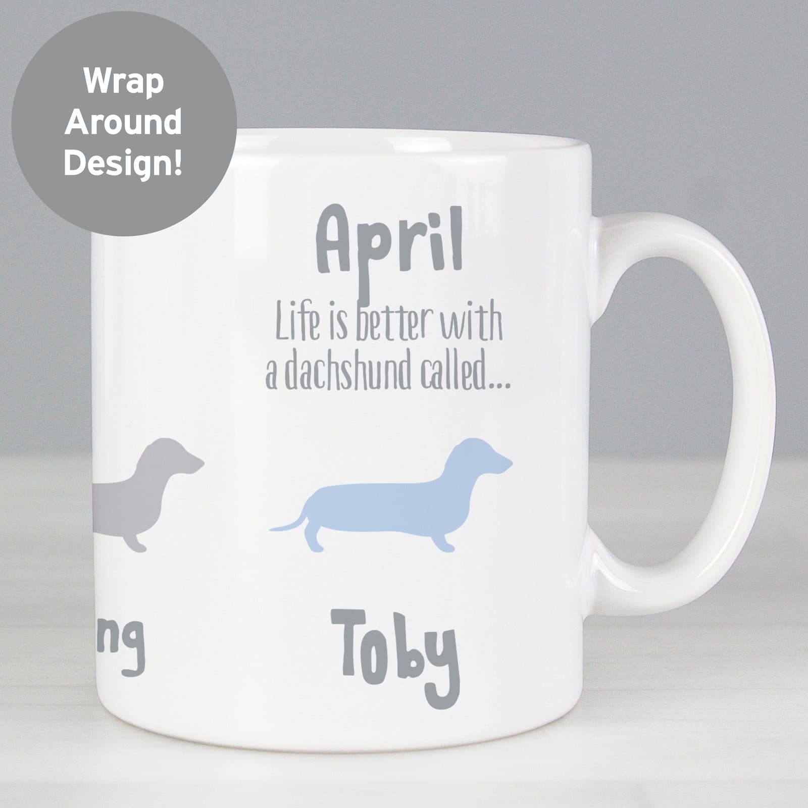 Ceramic dachshund dog breed mug with names and descriptive words