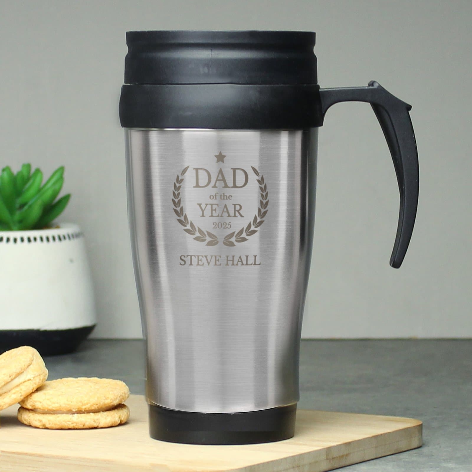Dad of The Year travel mug with sliding sip cover