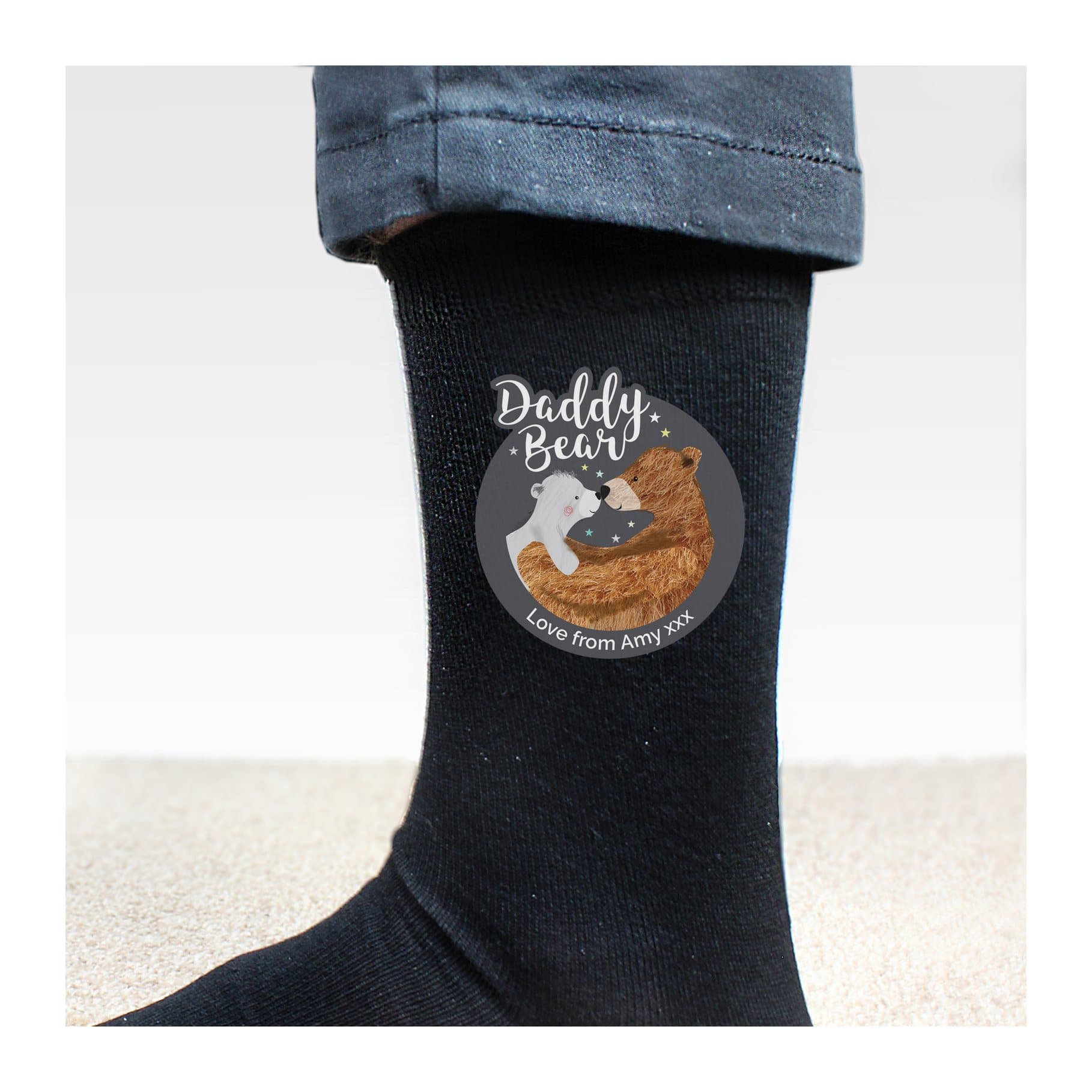 Personalised Daddy Bear men's socks with a line of custom text