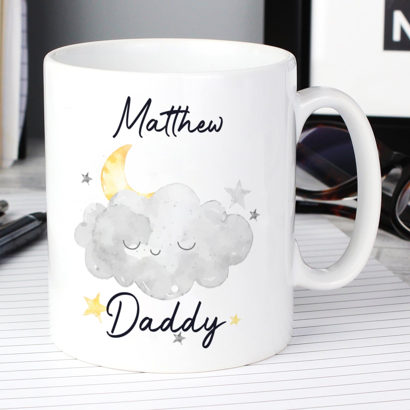 Ceramic cloud mug with the word Daddy and a name