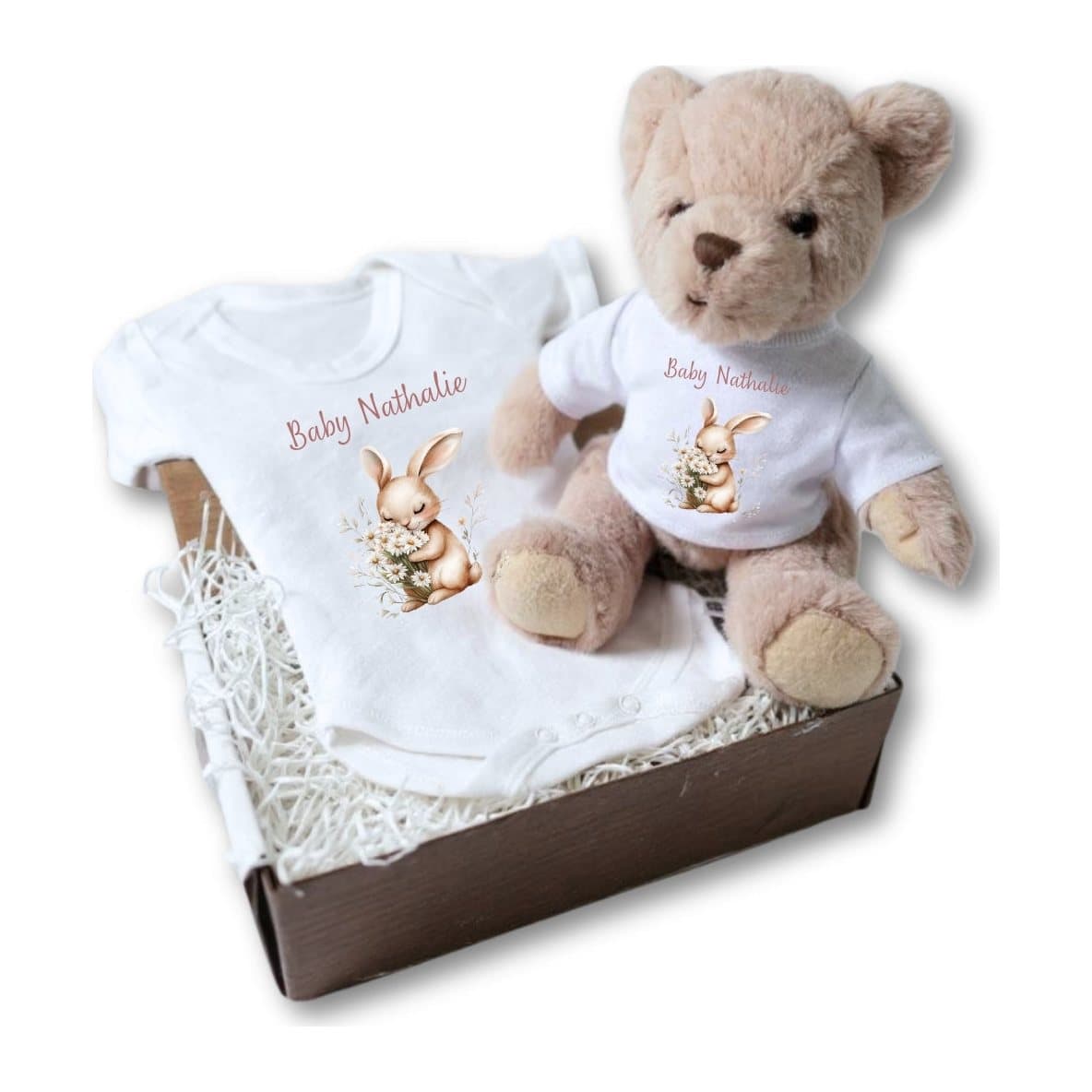 Daisy Bunny baby gift box with a teddy and a personalised baby vest