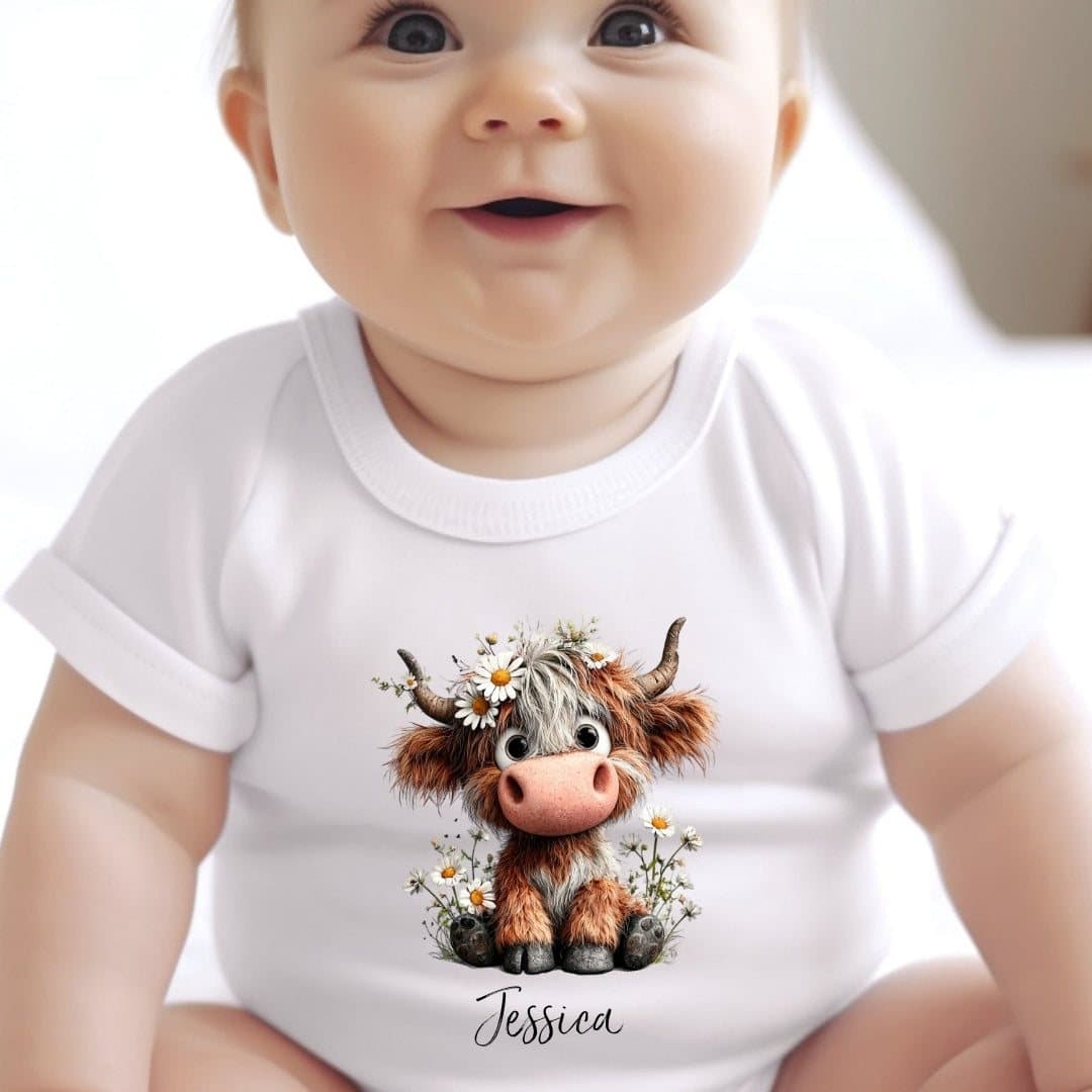 Personalised Highland Cow design on a baby outfit