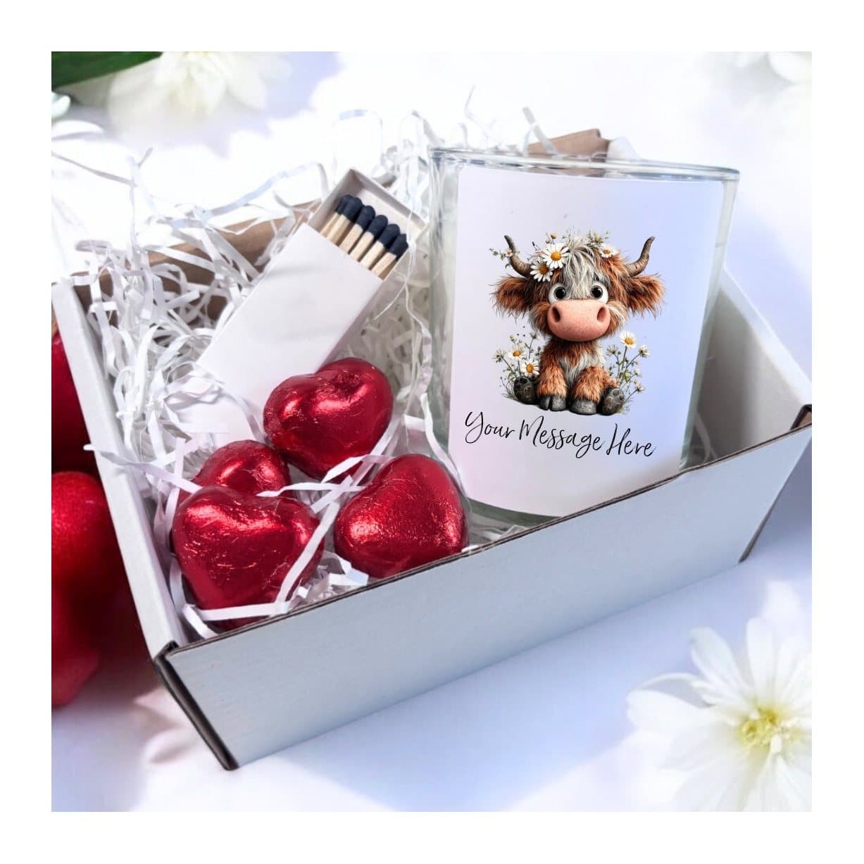 Personalised Highland cow candle gift set with a message