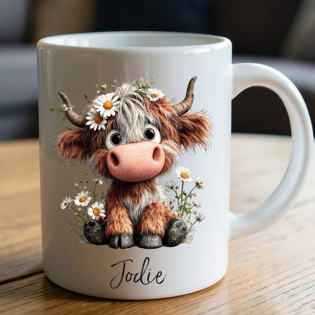 Personalised daisy highland cow mug in ceramic with a cheerful daisy design.