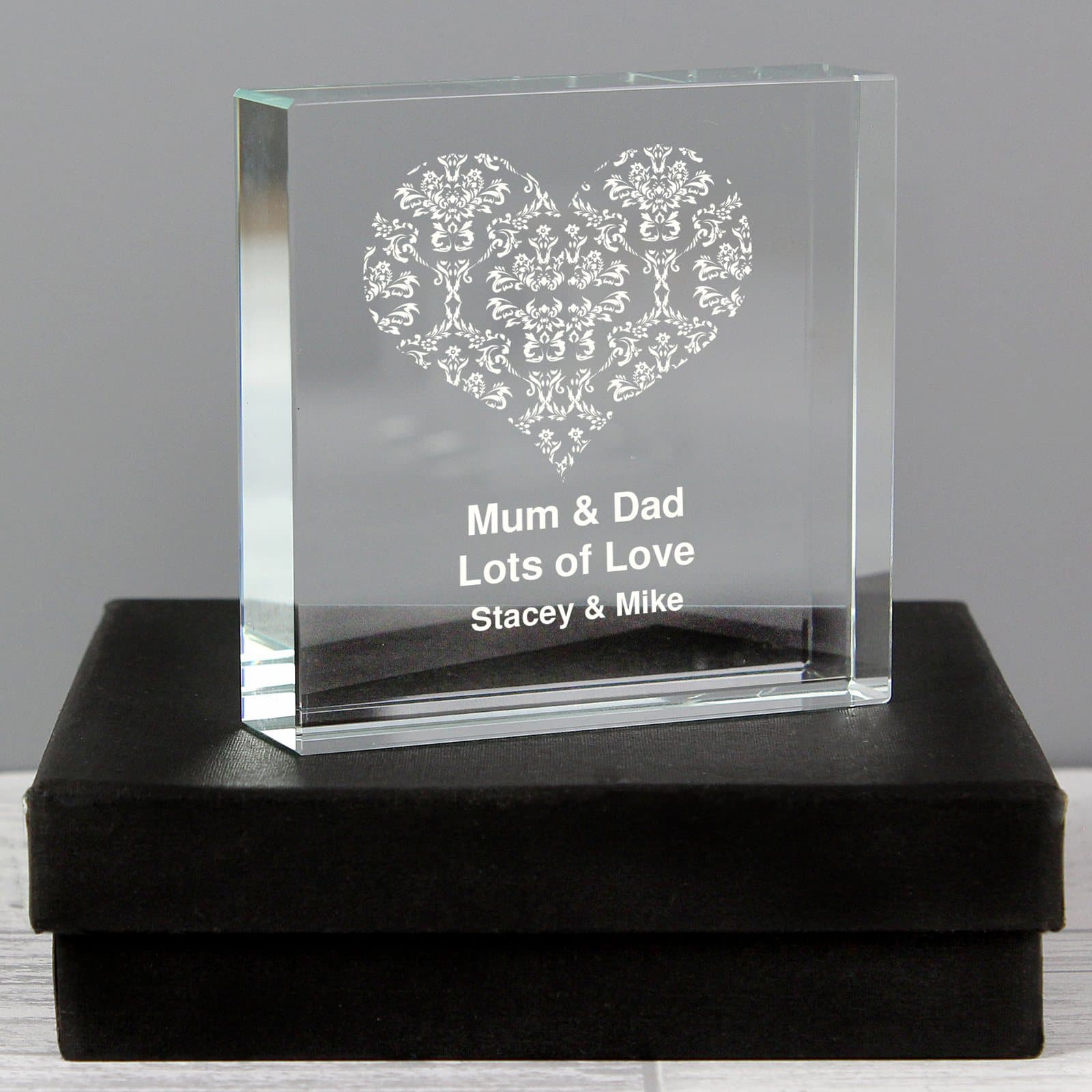 Personalised damask heart crystal token with a four-line message