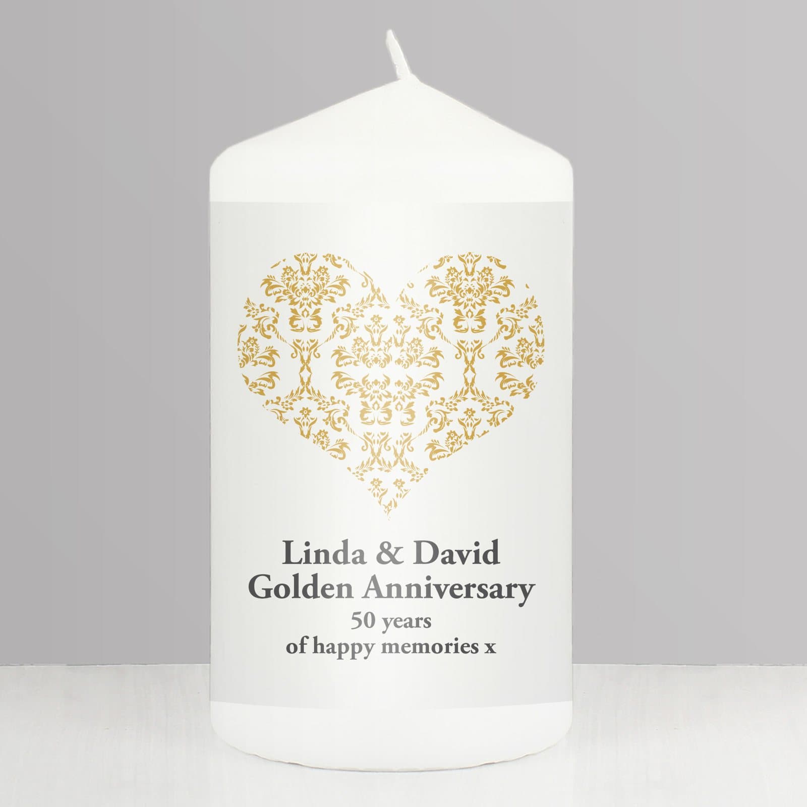Damask heart pillar candle personalised with a four-line message