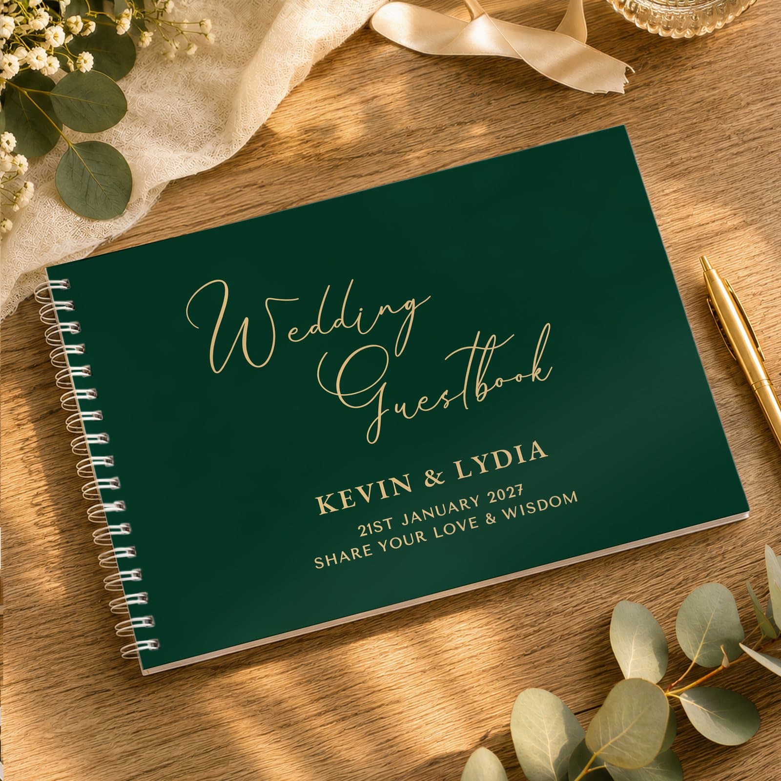 Personalised dark green wedding guest book