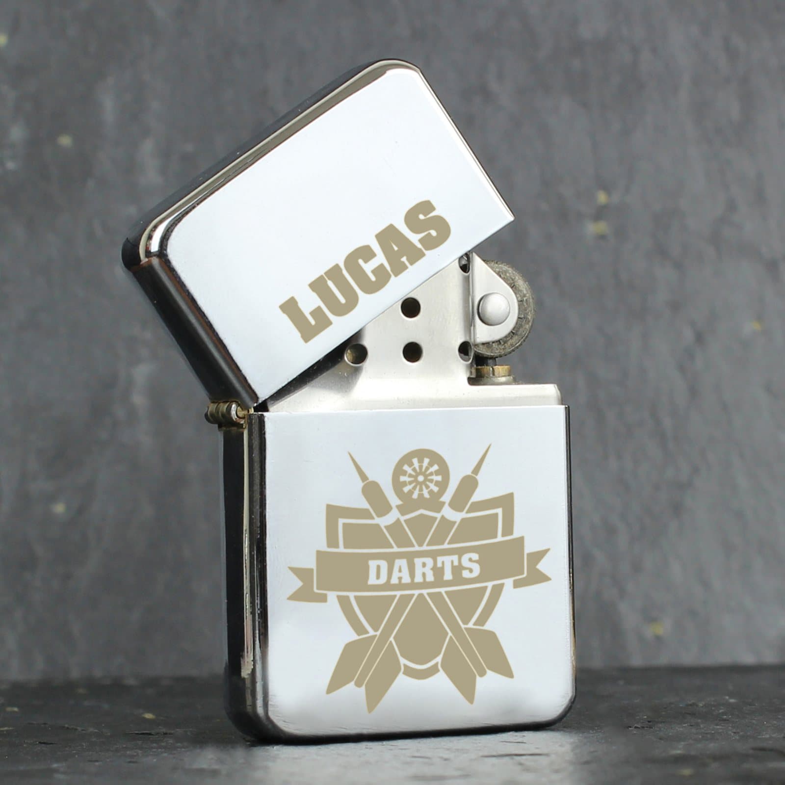 Personalised darts oil lighter with a name at the top