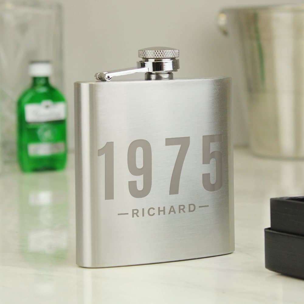 Stainless steel hip flask engraved with a year and a name
