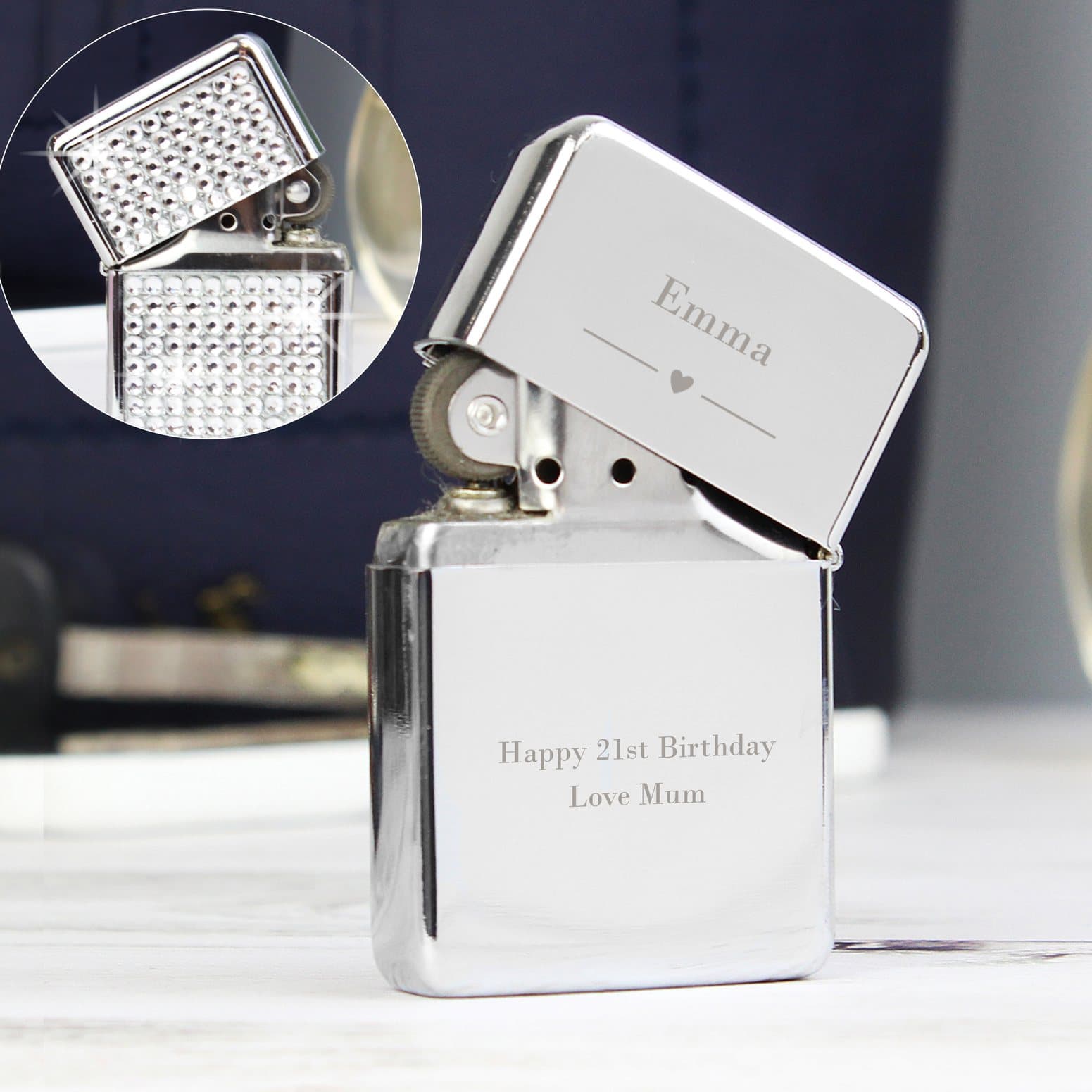 Chrome heart lighter with diamante and personalised message lines