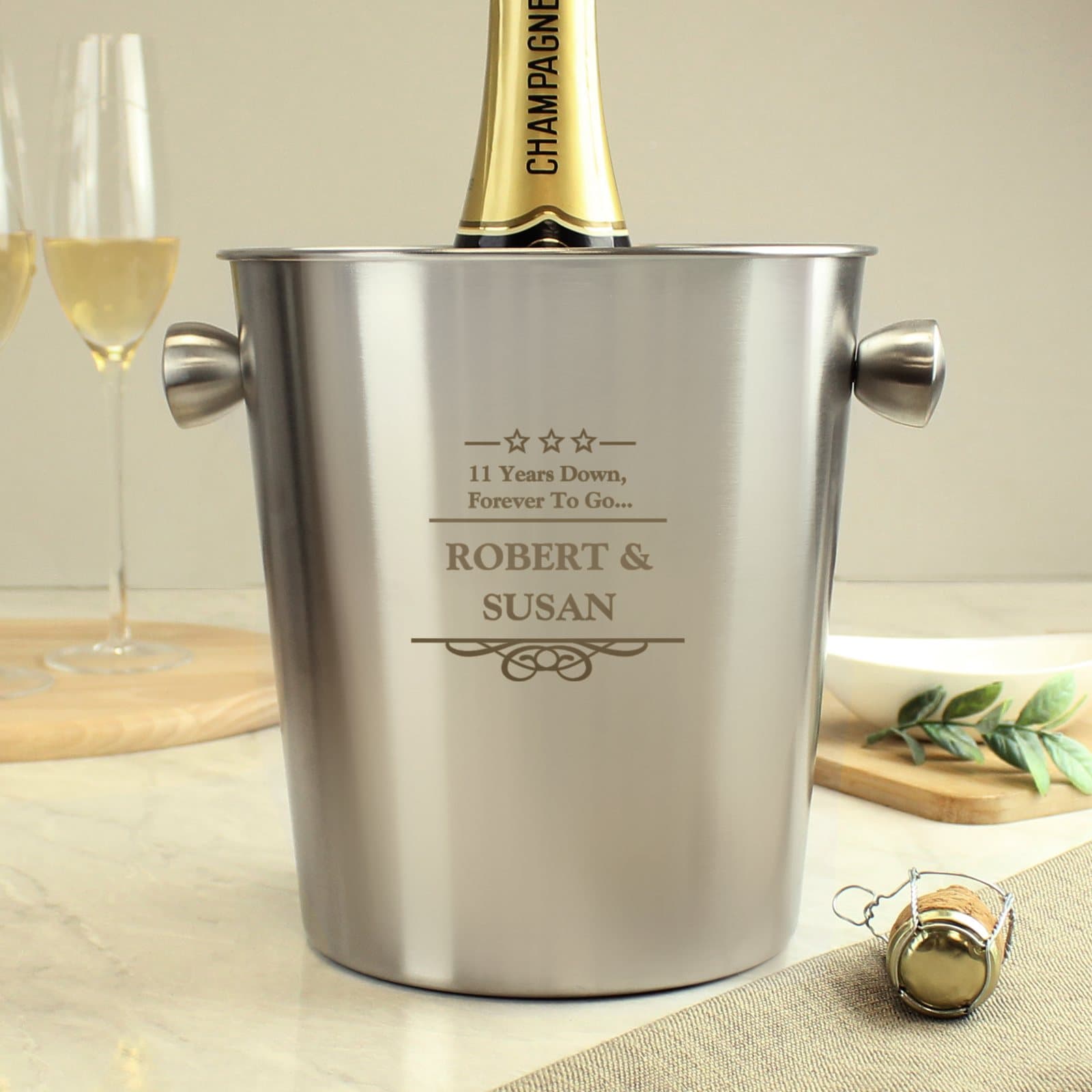 Brushed stainless steel ice bucket with four lines of personalised text