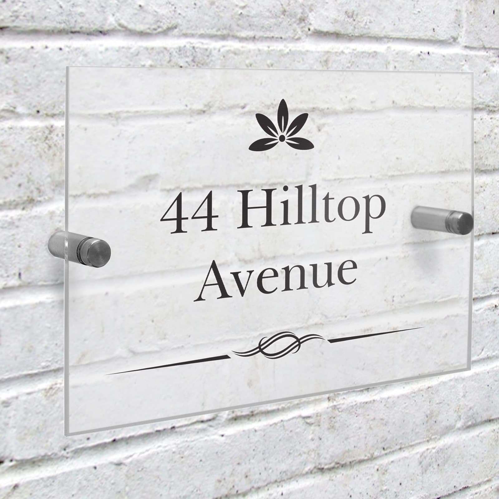 Personalised decorative swirl acrylic house sign with two lines of text