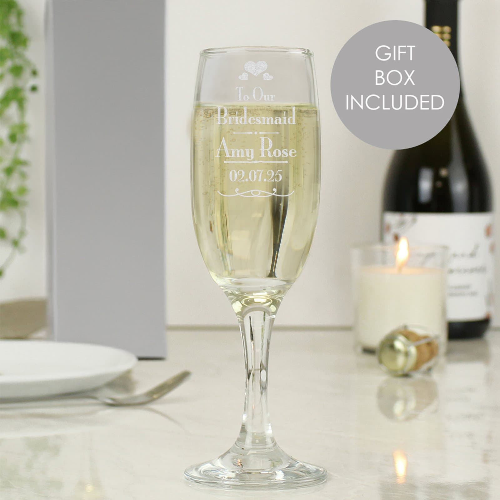 Wedding glass flute with To Our Bridesmaid text, a name and a date