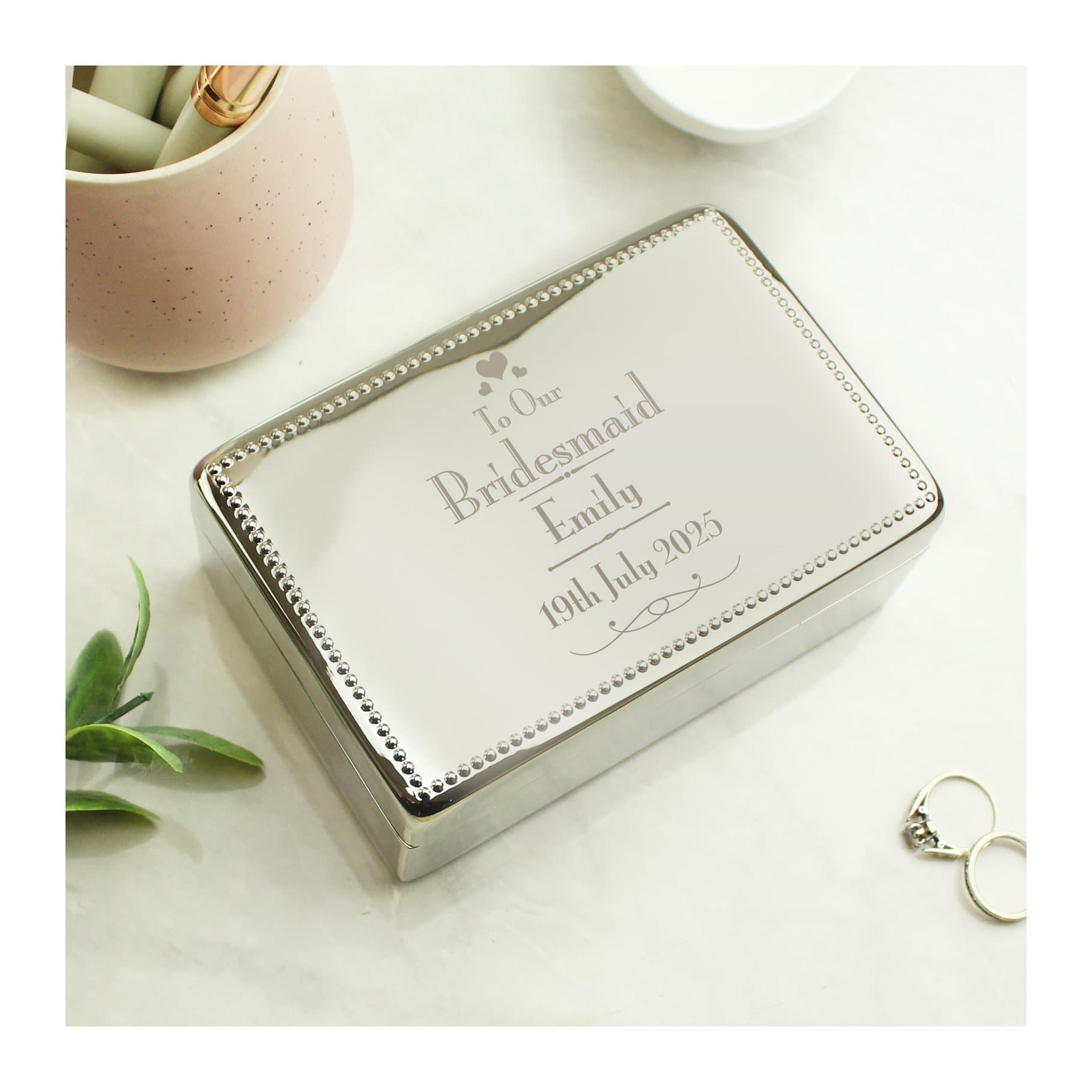 Nickel plated jewellery box with studded edge marked To Our Bridesmaid