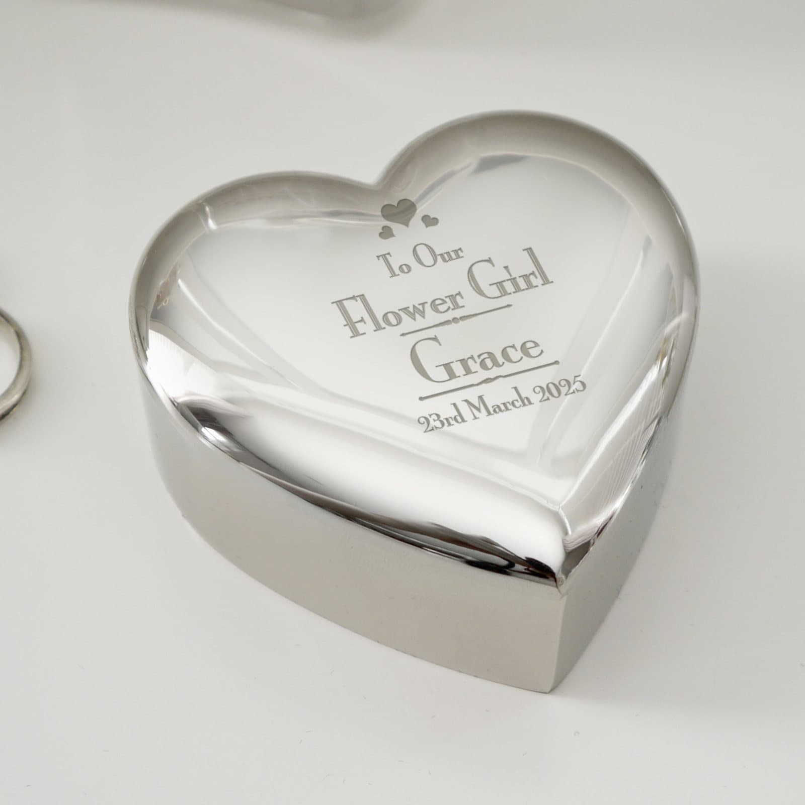 Personalised Flower Girl heart trinket box with name and date