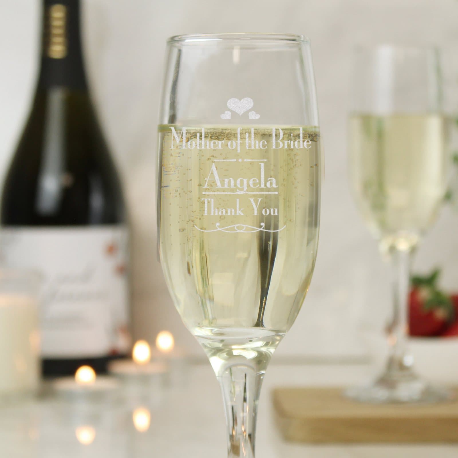 Decorative glass flute personalised for the mother of the bride