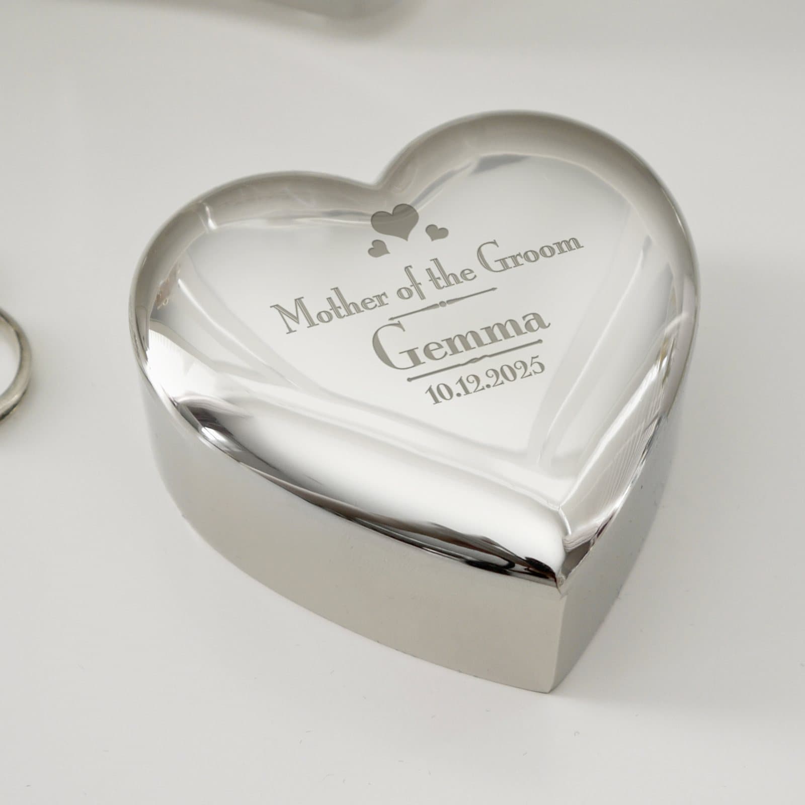 Personalised Mother of the Groom heart trinket box with name and date