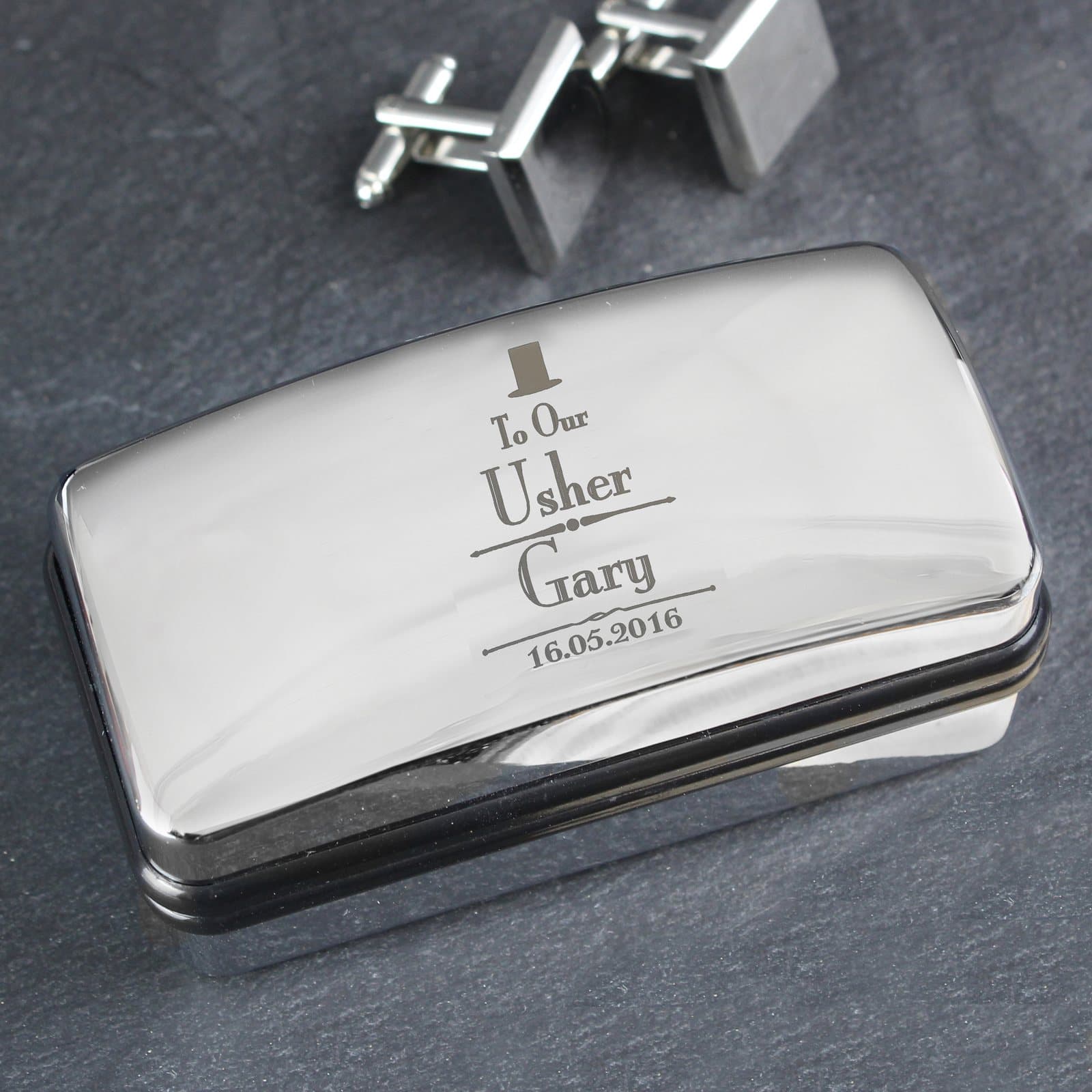 Chrome plated usher cufflink box marked To Our Usher