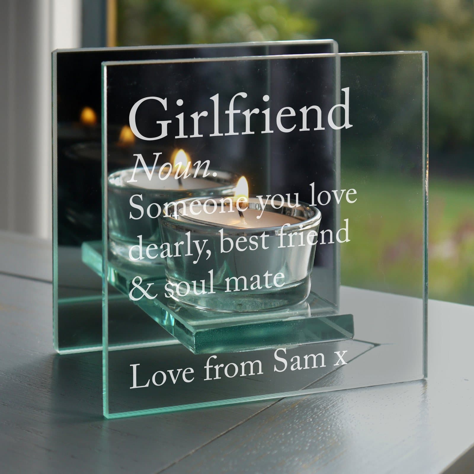 Mirrored glass tea light holder personalised with a definition
