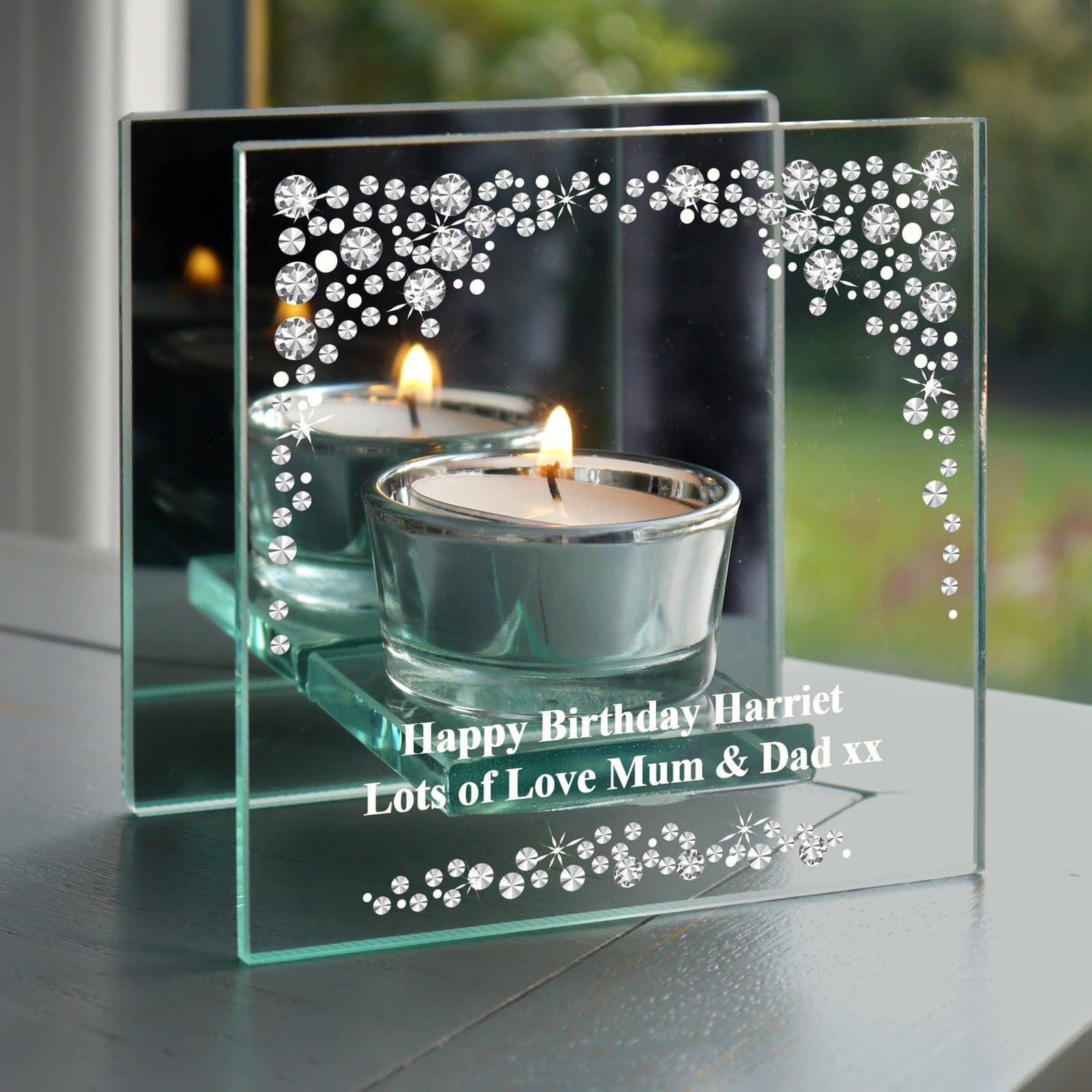 Diamante effect mirrored glass tea light holder with personalised text