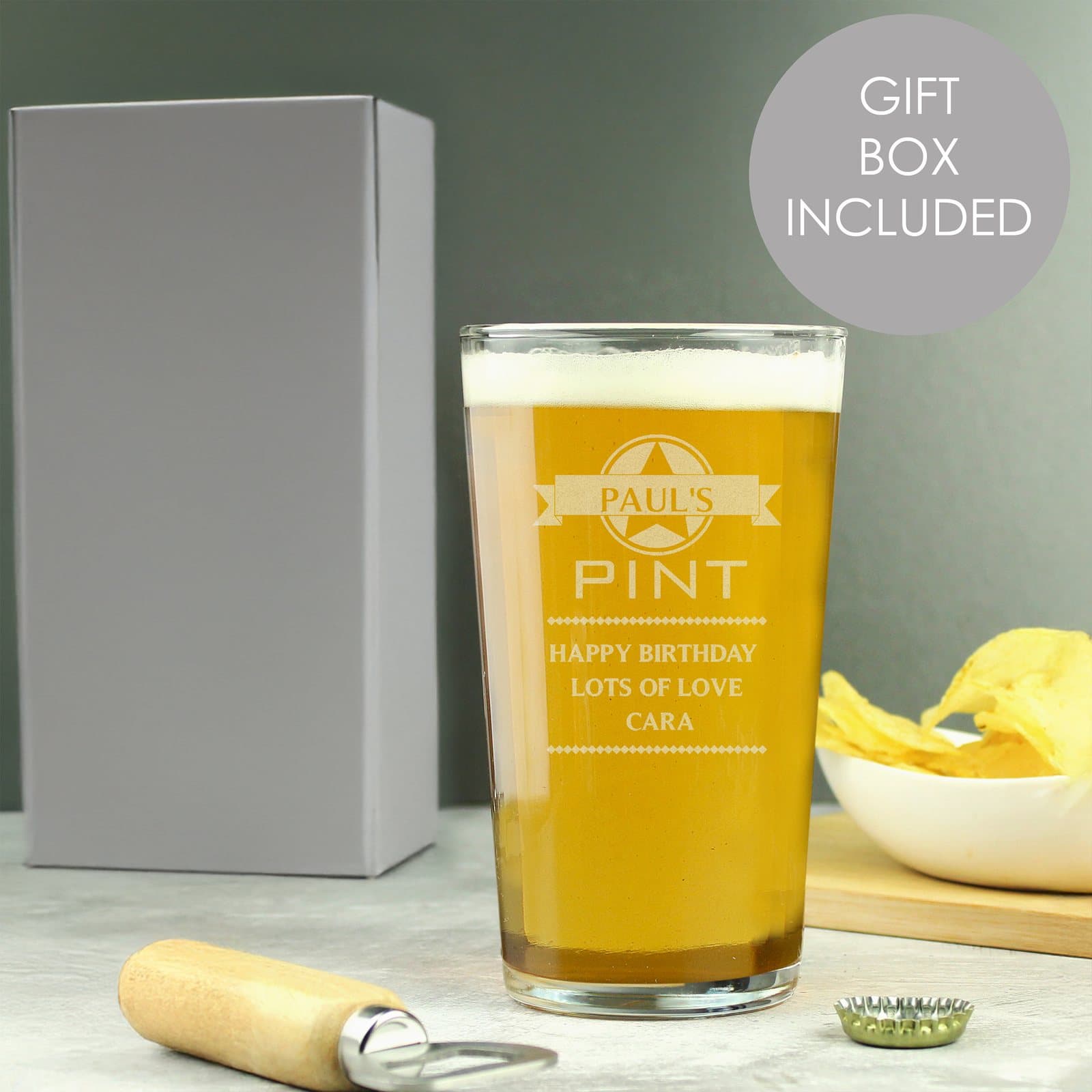 Diamond pint glass personalised with a name and three message lines