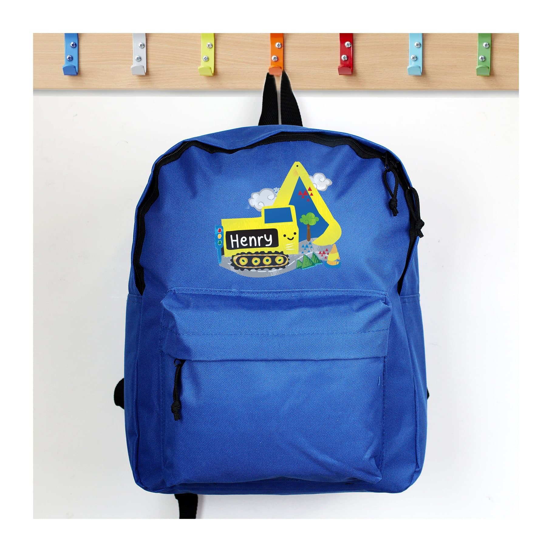 Blue digger backpack with padded straps, front zip pocket and a personalised name
