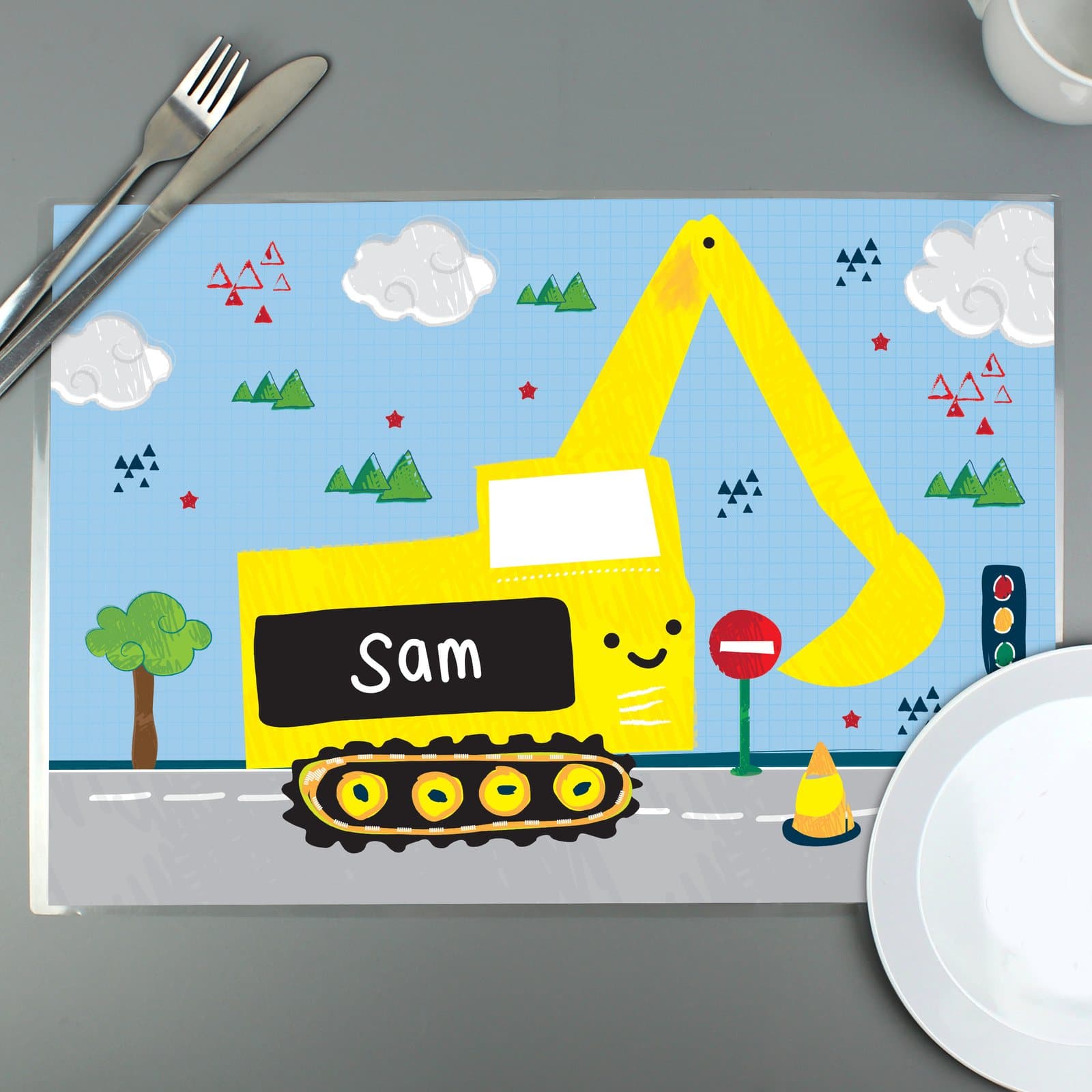 Personalised digger placemat with a child's name