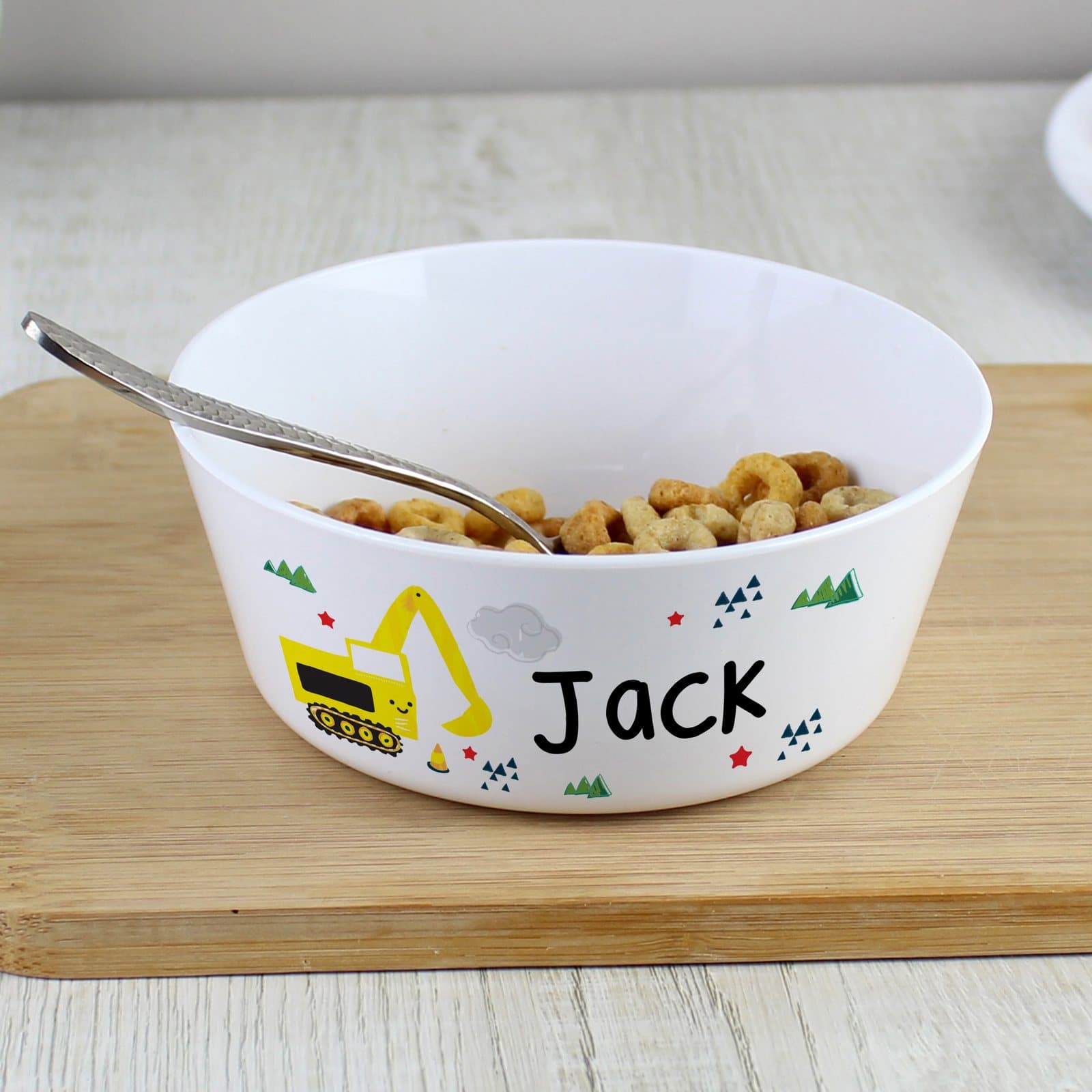 Plastic children's bowl with a digger design and a personalised name