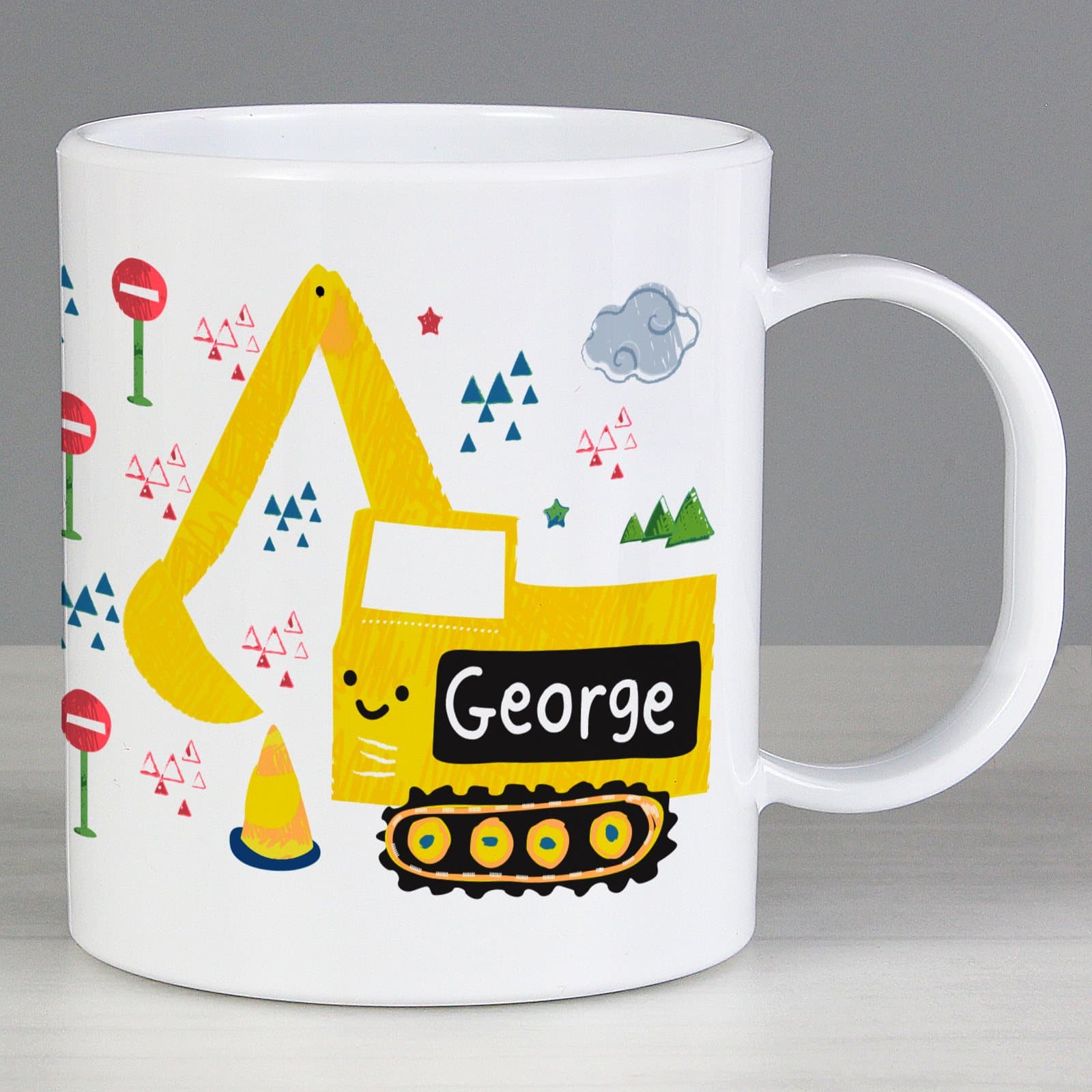 Plastic digger mug personalised with a name on the front
