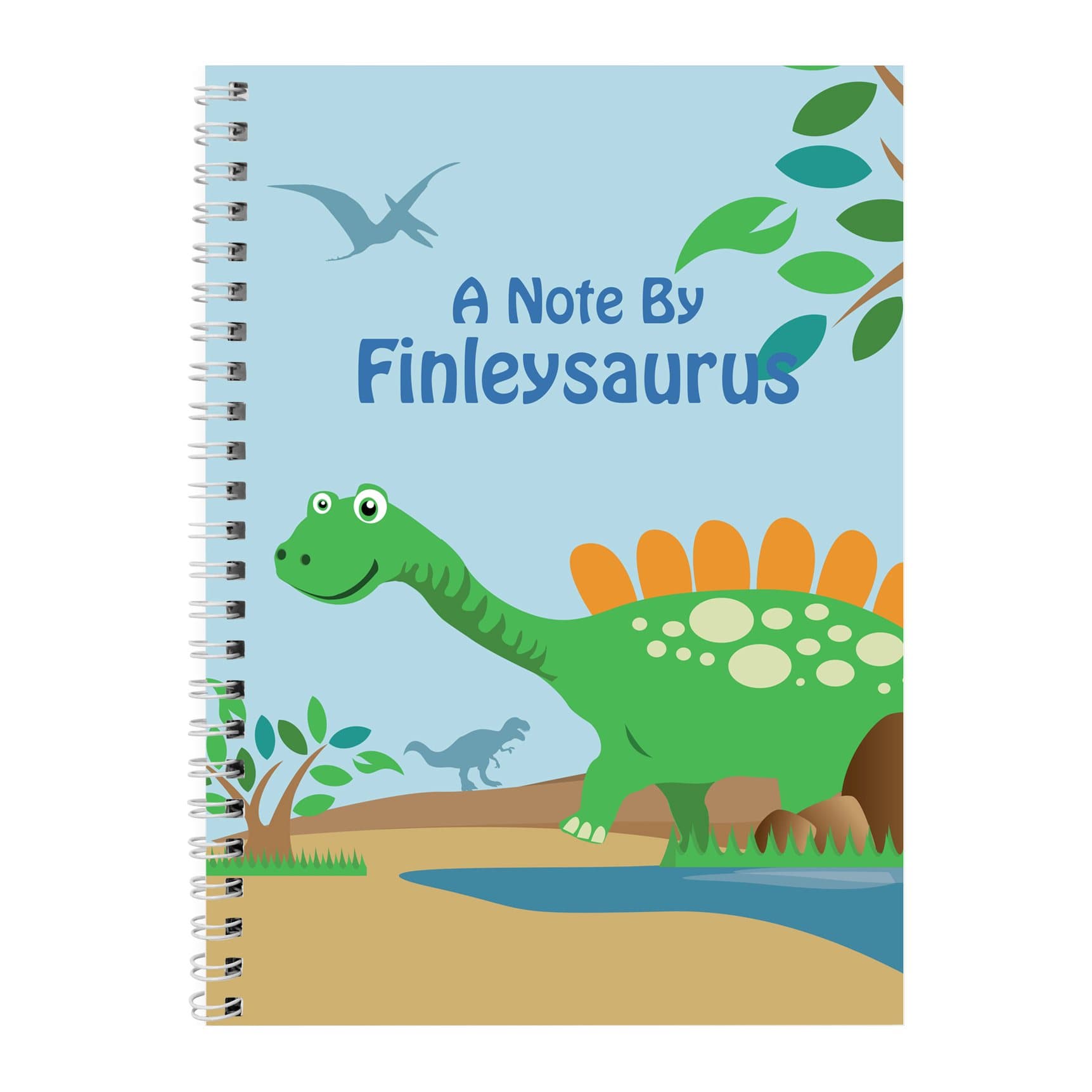 Personalised dinosaur A5 notebook with two lines on the front