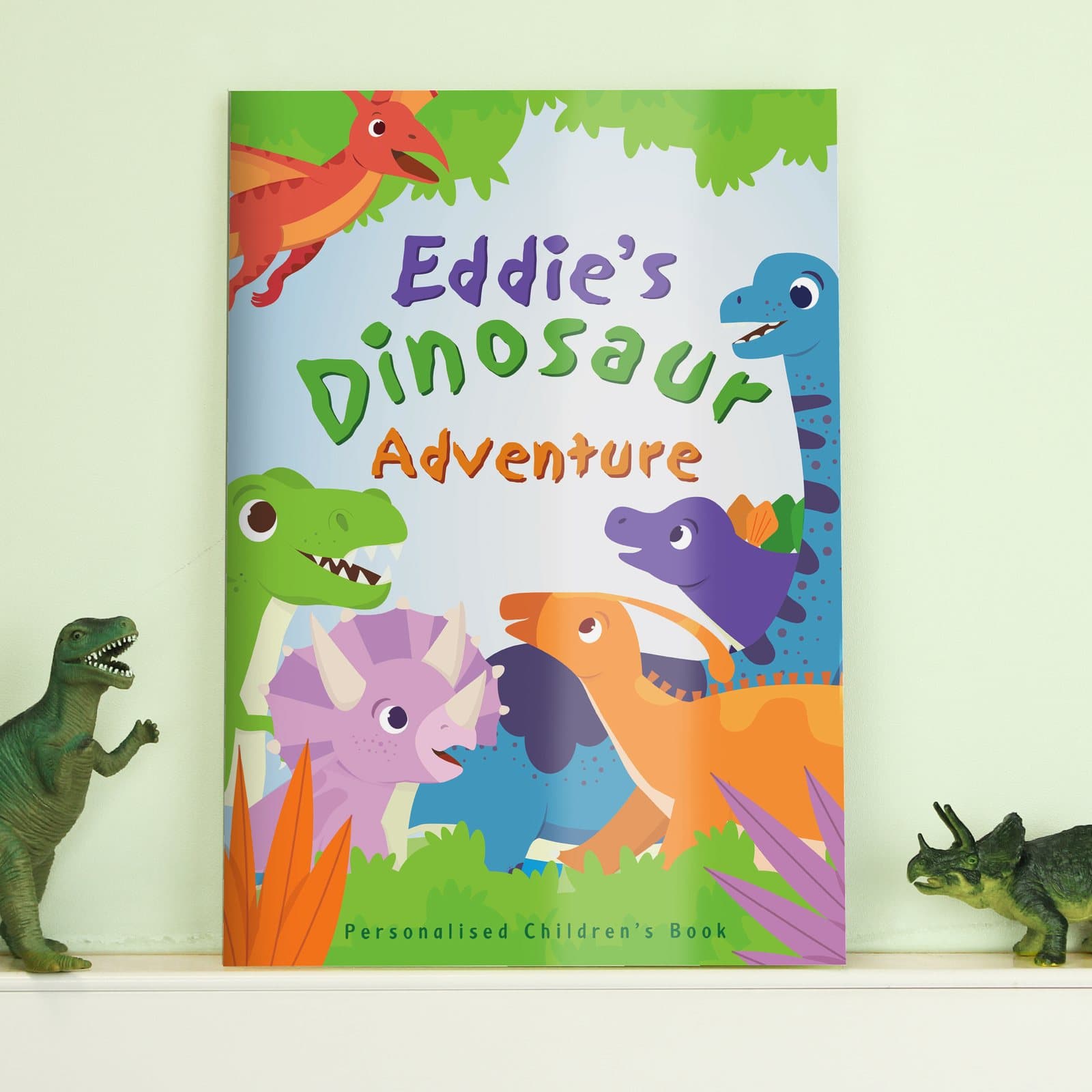 Personalised dinosaur adventure story book with a child's name on the cover
