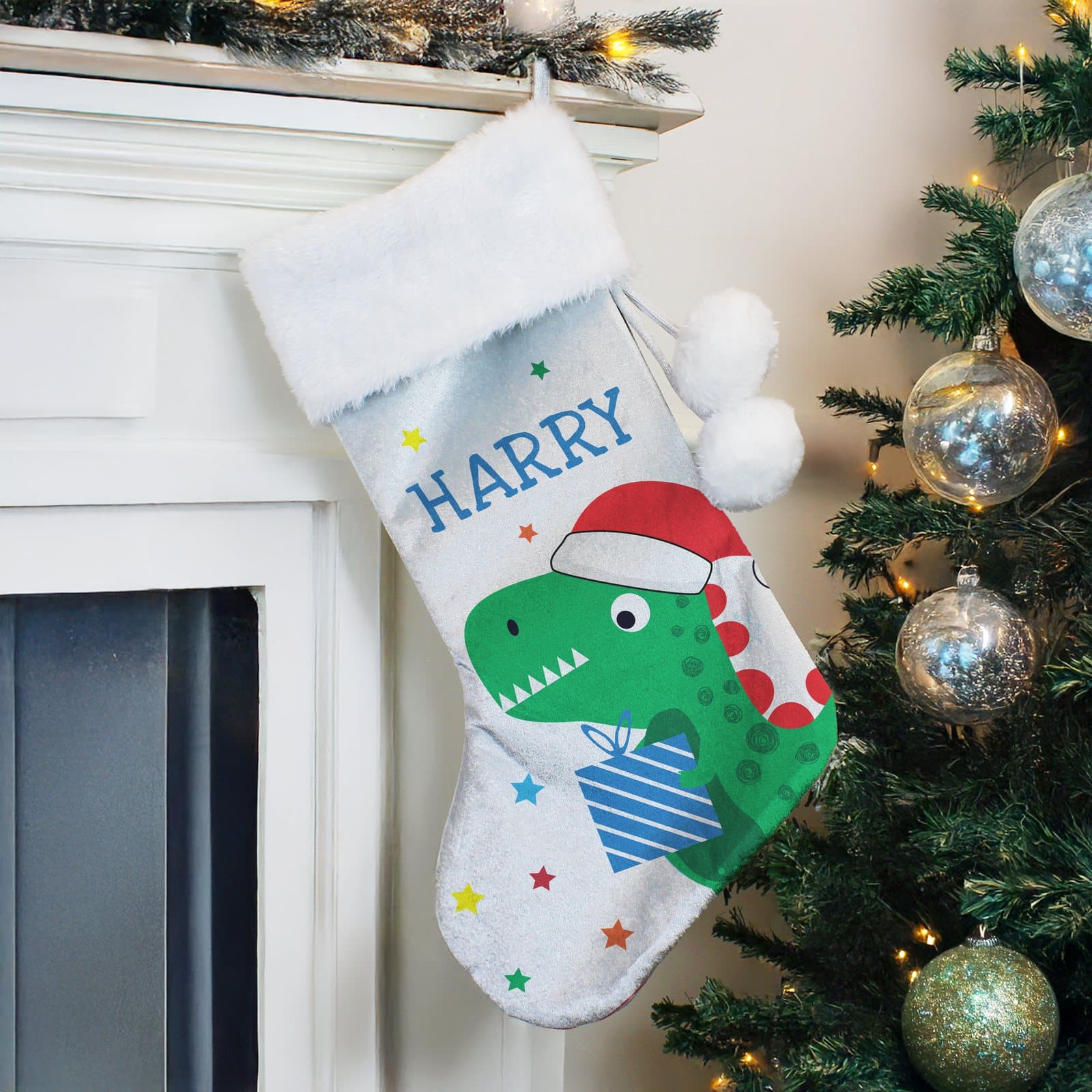 Christmas stocking with a dinosaur design