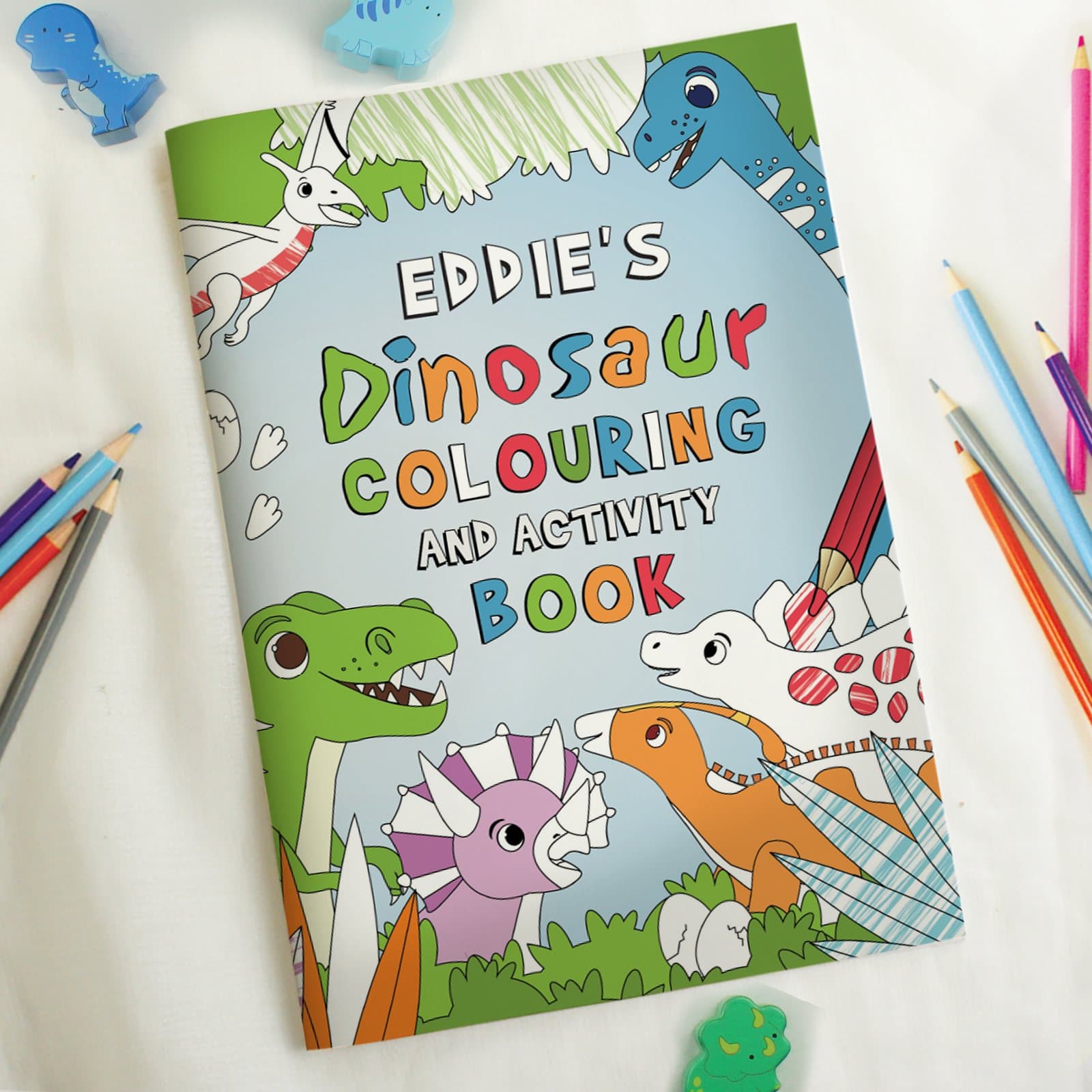 Personalised dinosaur colouring book with a child's name on the cover