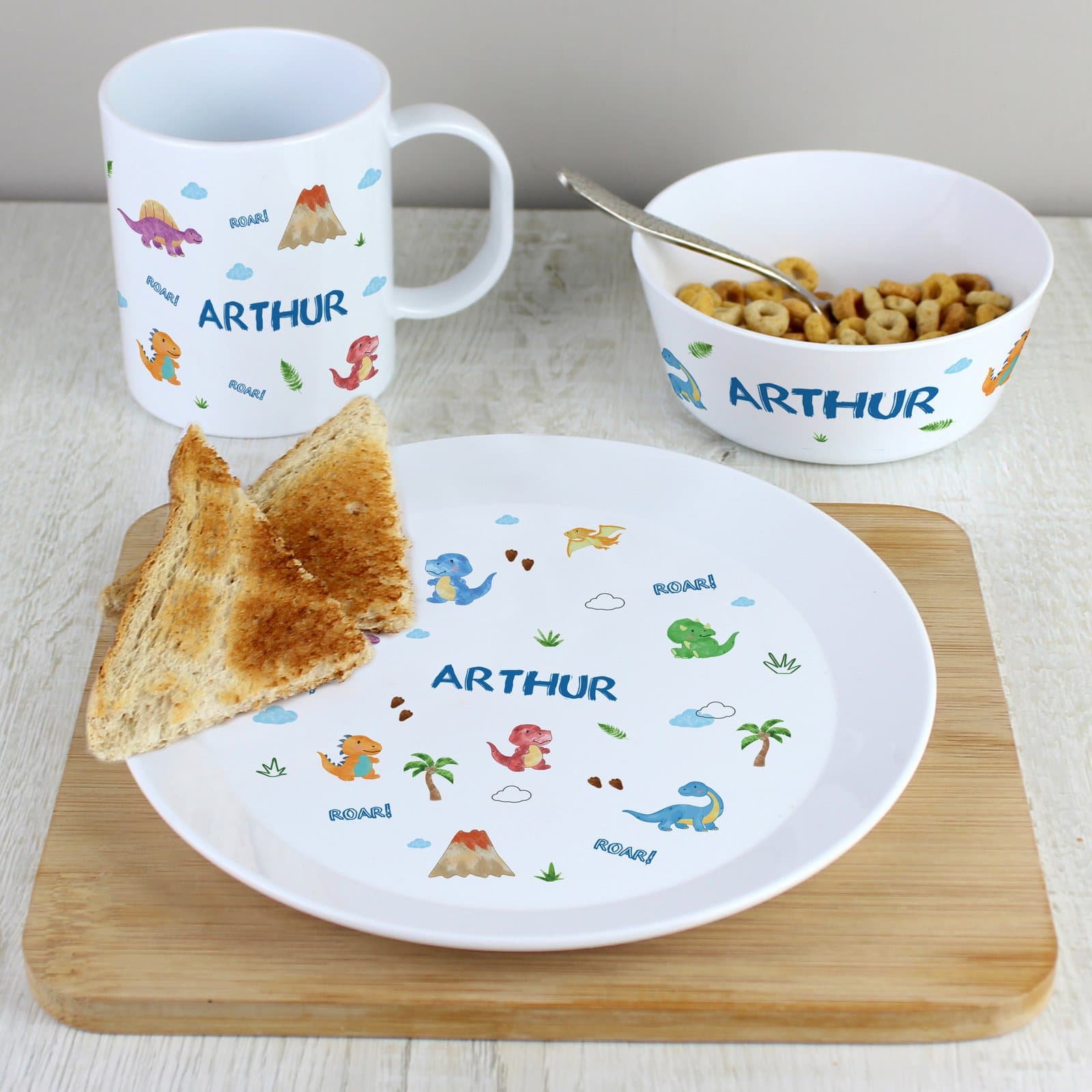 Personalised dinosaur plastic plate, bowl and mug set